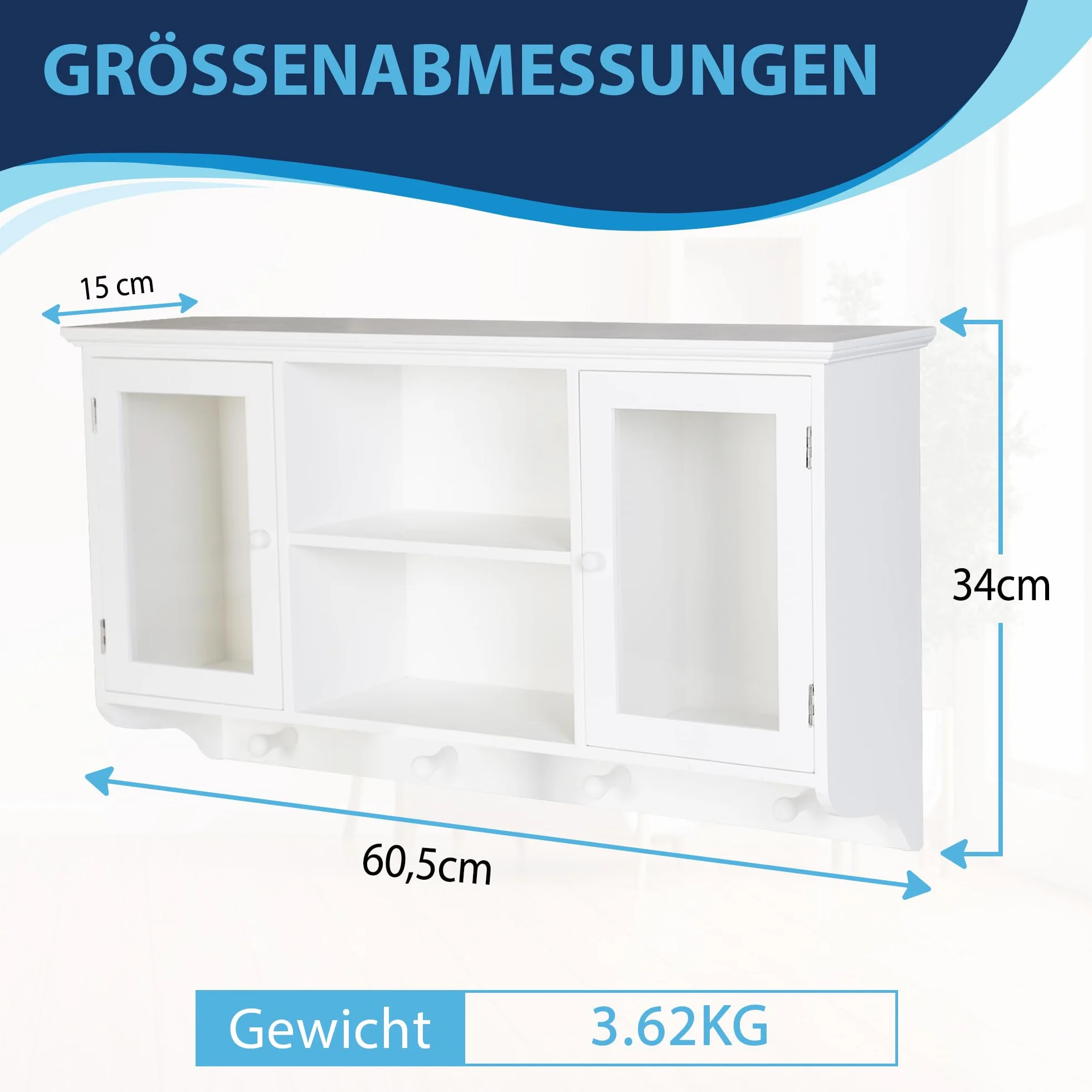 DRULINE Mała szafka wisząca, szafka ścienna, witryna, szafka kuchenna, szafka łazienkowa, białe drewno, akryl, (szer. x wys. x głęb.) ok. 60 x 34 x 15 cm