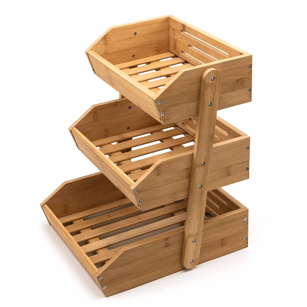Kosz na owoce, 3-poziomowy bambusowy stojak na owoce do kuchni, 41 cm, wysoki stojak na owoce, wielofunkcyjny, duża pojemność, na warzywa, owoce i przekąski