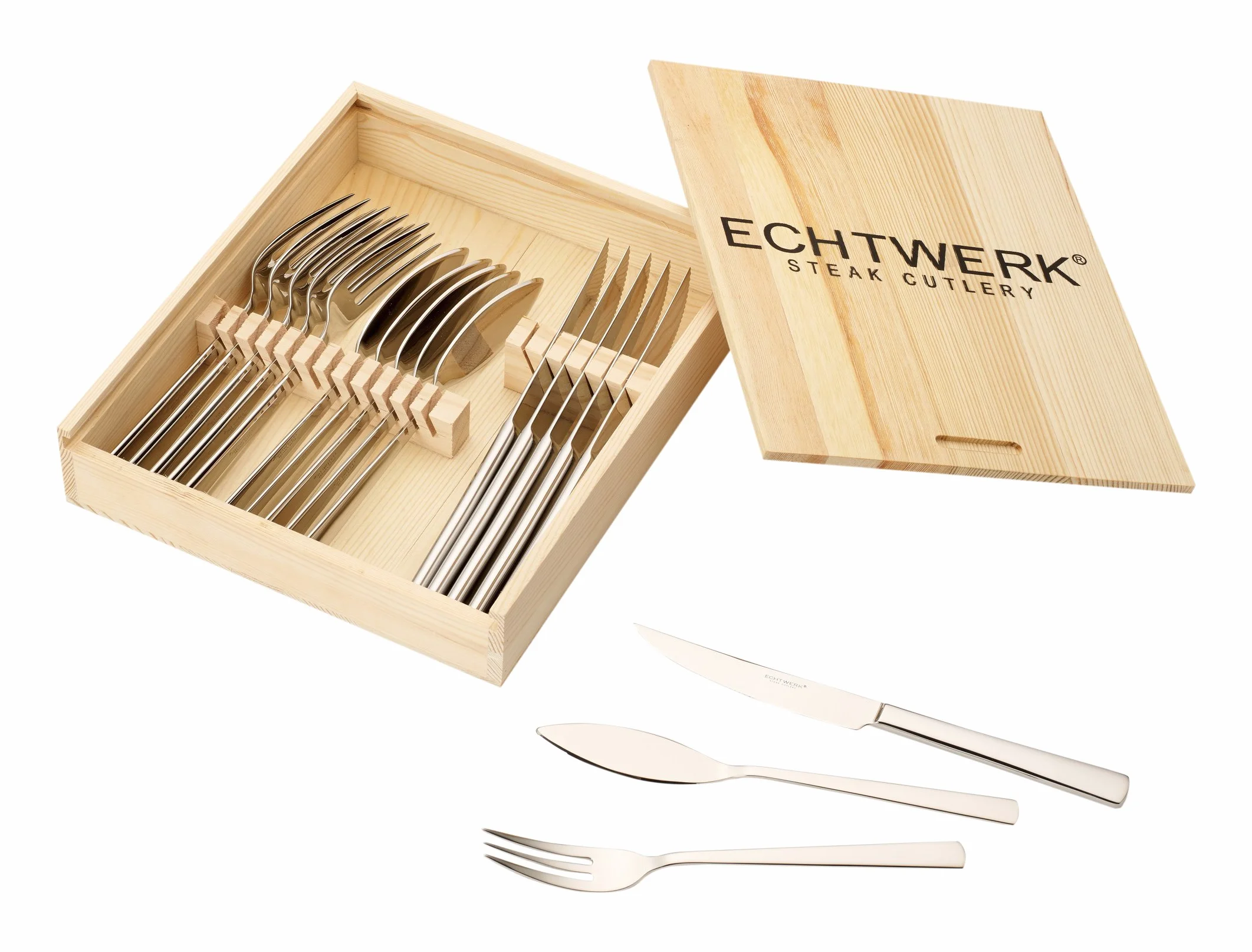 ECHTWERK SARRE 18-częściowy stal szlachetna 18/10 polerowana wraz z drewnianą kasetą zestaw sztućców do steków, stal nierdzewna, 22,7 x 22 x 5 cm, jednostki