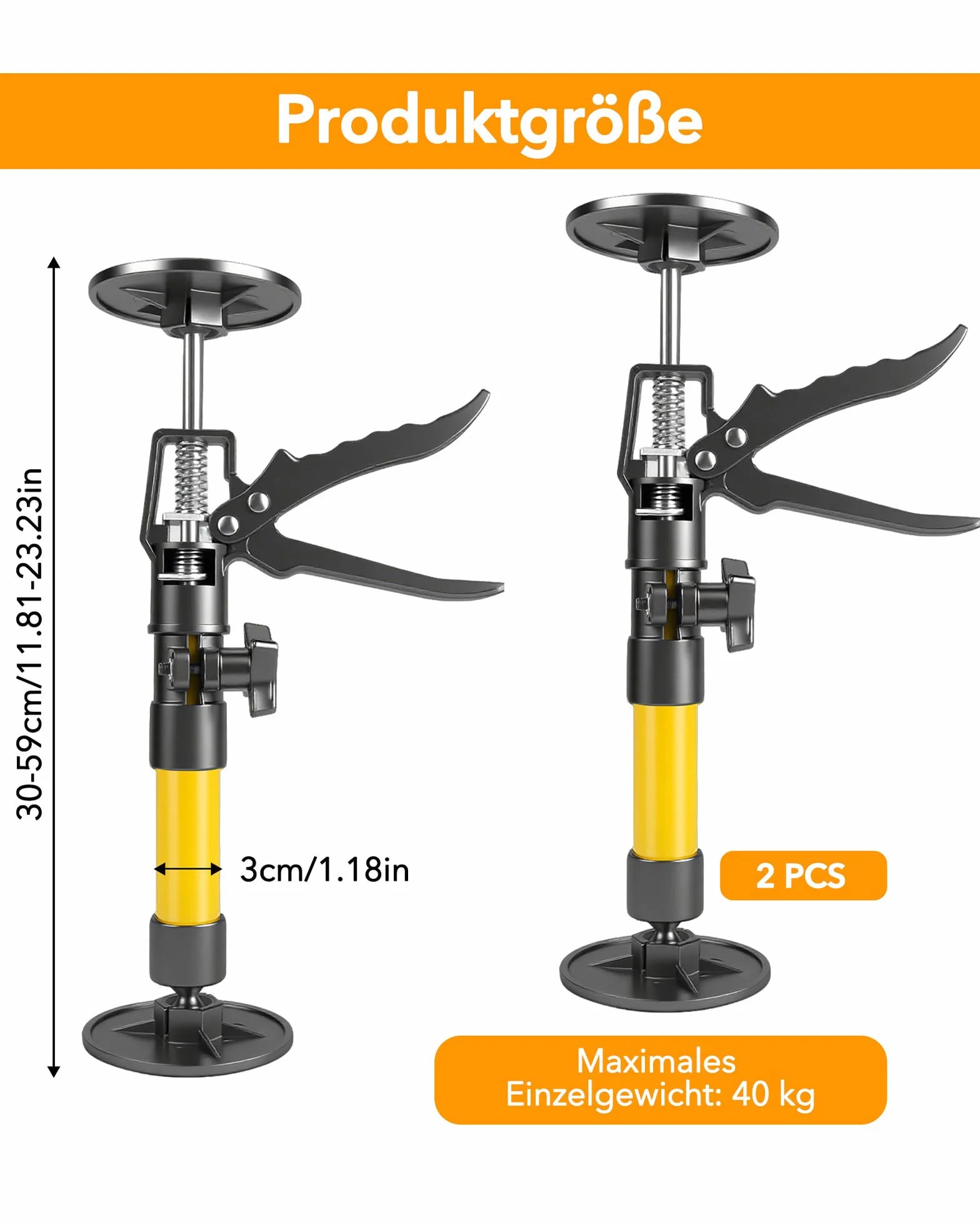 2 sztuki wsporników sufitowych, wspornik montażowy, podpórka jednoręczna: wspornik teleskopowy 30–59 cm, podnośnik do szafy z obrotem o 360°, do płyt sufitowych, montażu w kuchni, dla