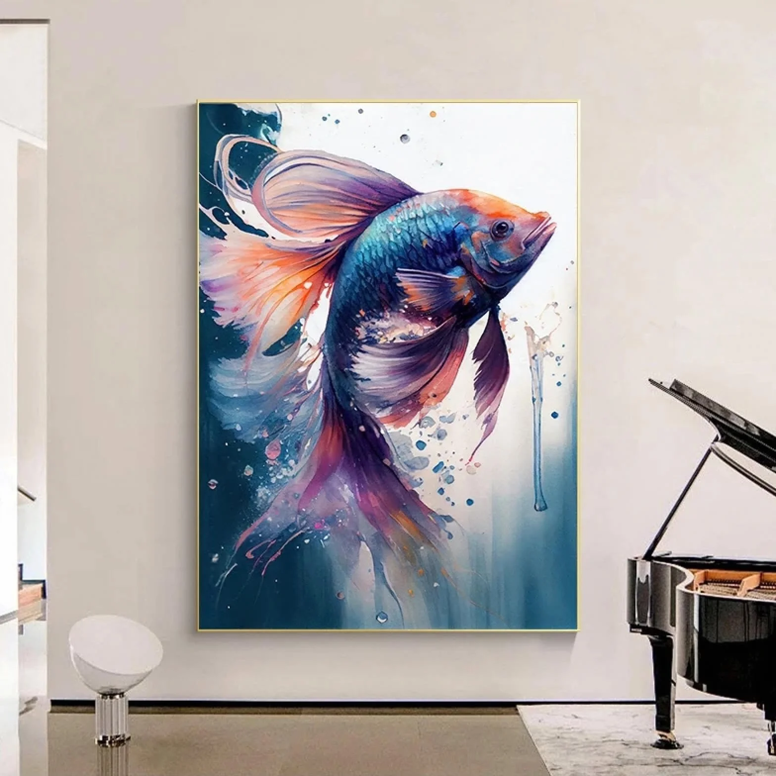 BMGKYAGL Abstrakcyjna farba akwarelowa ryba Betta obraz na płótnie drukowany na płótnie złota rybka Koi plakaty i wydruki do salonu dekoracja 80 x 120 cm bez ramy