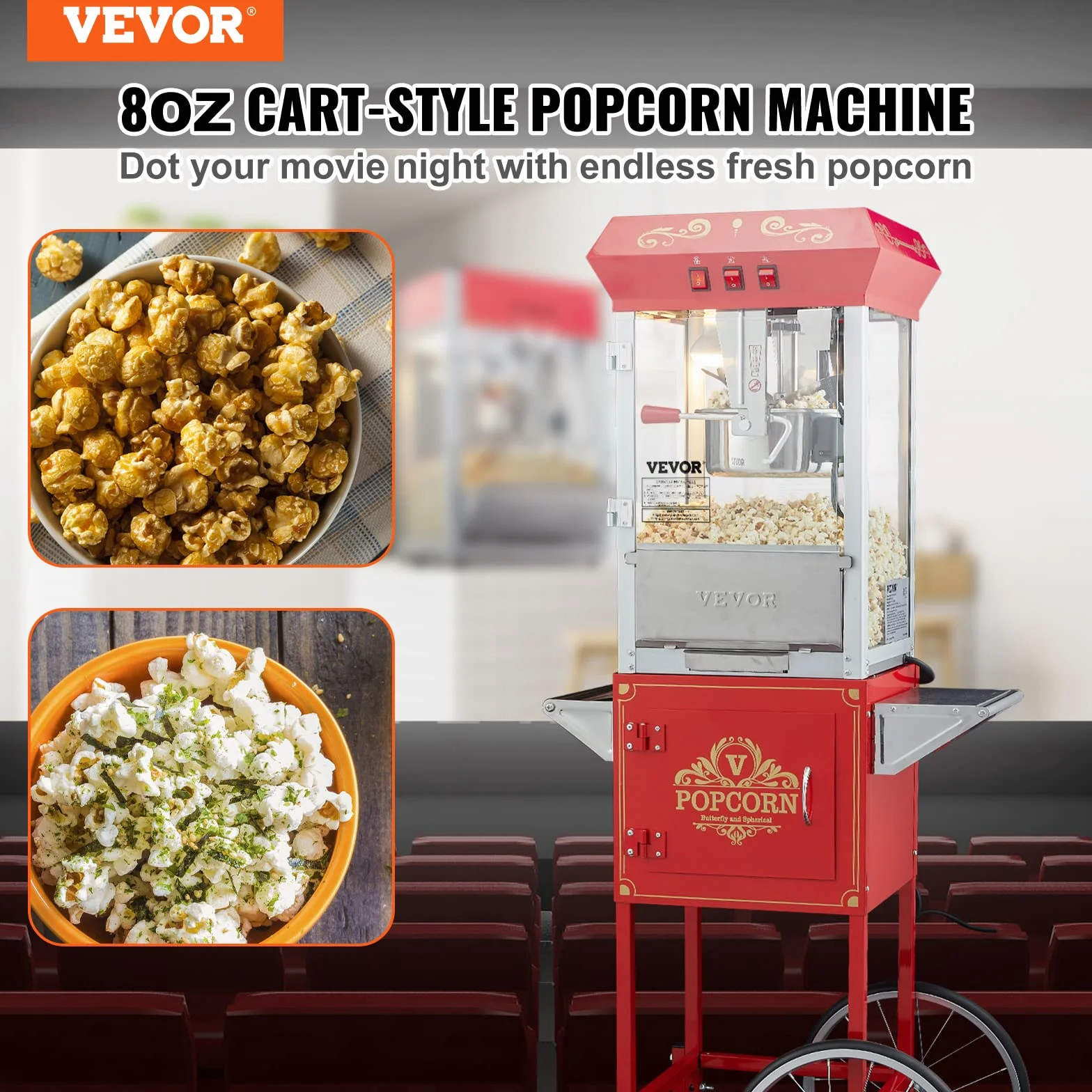 VEVOR Maszyna do popcornu z wózkiem 850 W, czajnik elektryczny do popcornu 0,22 kg na 48 filiżanek partii, maszyna do popcornu ze szkłem hartowanym, zawiera 4 miarki, styl kinowy