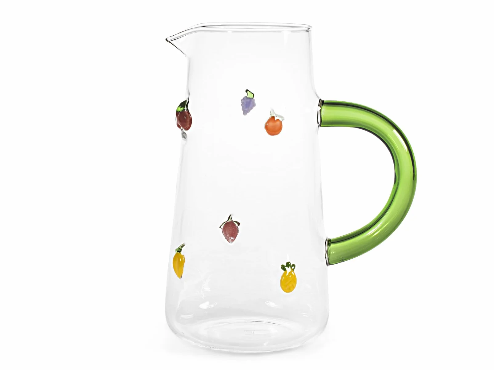 H&H, Karafka ze szkła borokrzemowego 1,6 l z różnymi owocami miniaturowymi zewnętrznymi – wiśnie, truskawka, winogrona, cytryna, brzoskwinia, ananas – zielony uchwyt – nadaje się do mycia w zmywarce