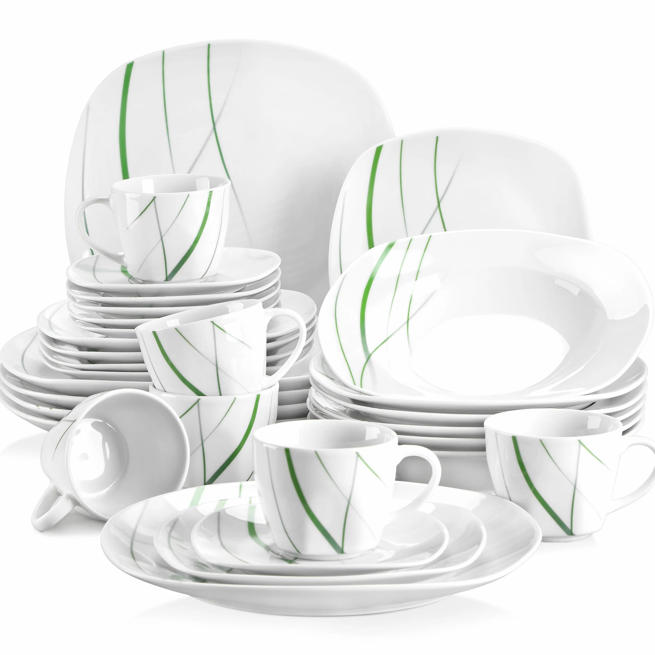 VEWEET Aviva 30-częściowy porcelanowy zestaw obiadowy, kość słoniowa, zielone linie