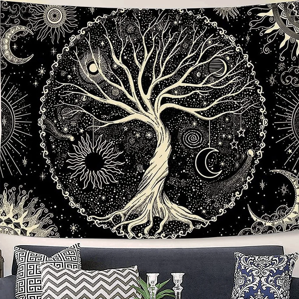 Arawat Tapestry Tree of Life Tapestry Black White Tapestry Moon Sun Tapestry Wall Decor Psychedelic Rug Gothic Tapestry Trippy Tapestry Wall Cloth Wall Hanging Wall Decor (150 x 130cm)