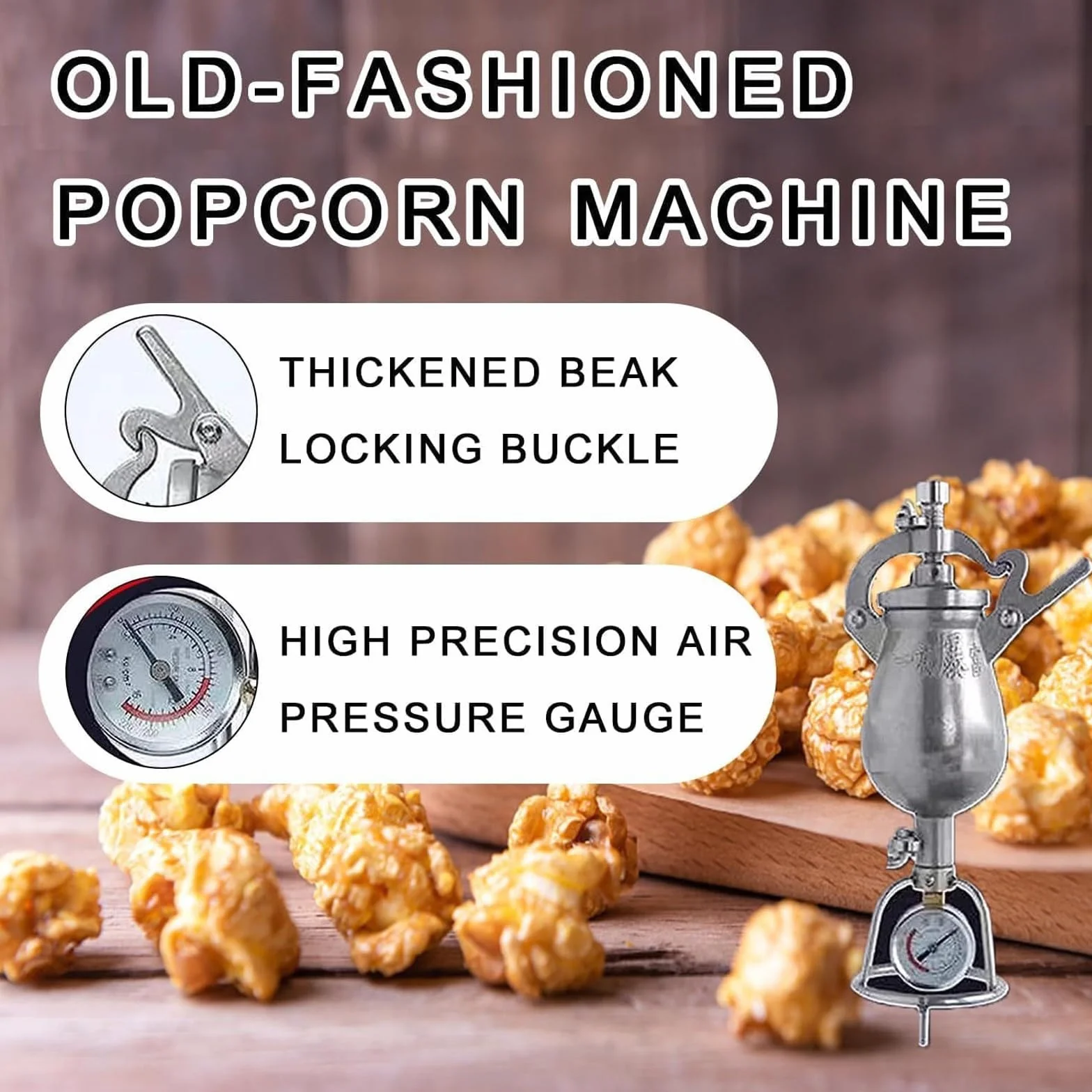 Maszyna do popcornu chińskiego, popcorn popcorn, maszyna do popcornu ze stali nierdzewnej 304 z korbą, z manometrem, idealny na rodzinne spotkania i imprezy (400 ml)