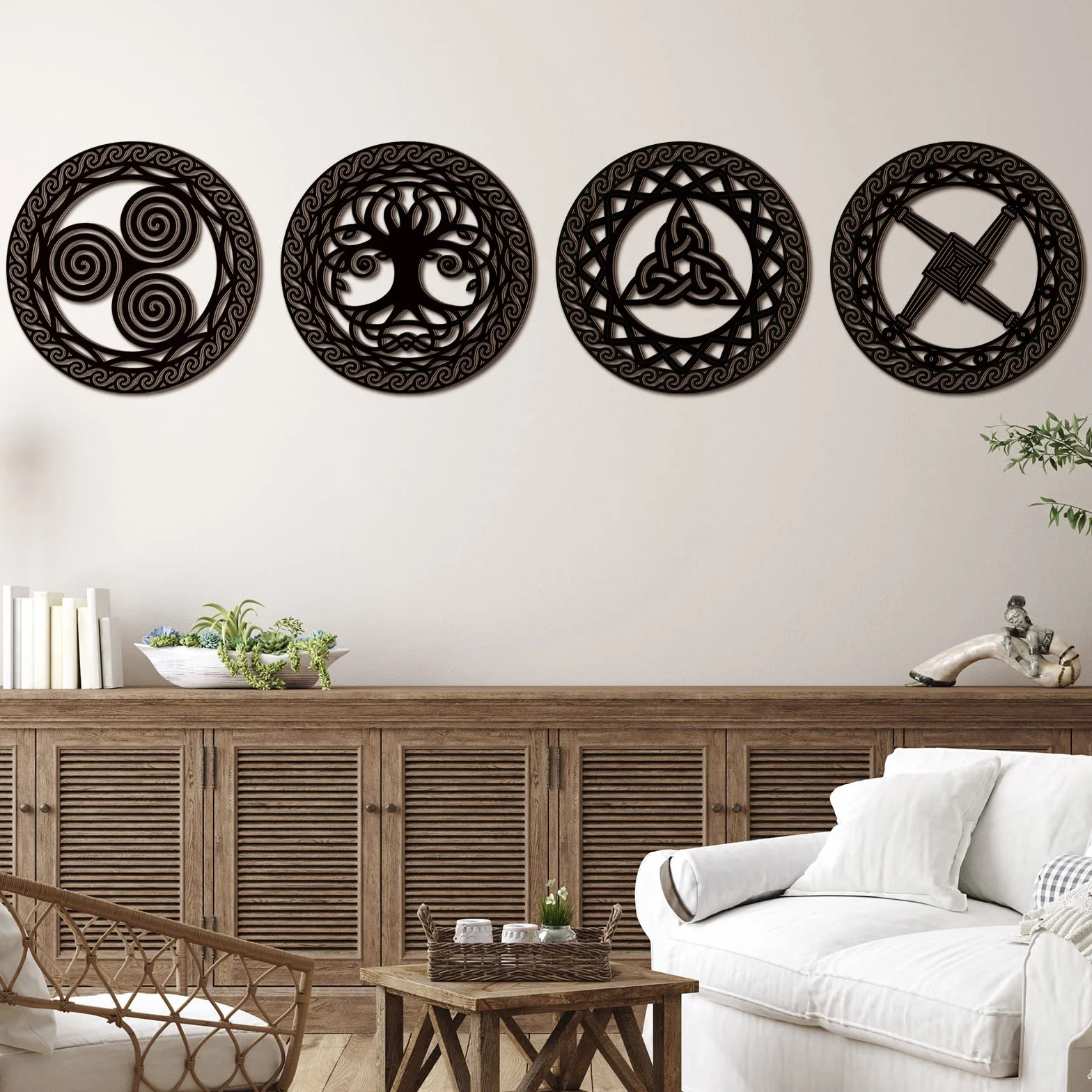 Celtycki symbol dekoracja ścienna, 4 szt. celtycki węzeł krzyżowy, potrójny spiralny symbol, drewniany znak, drewniana geometria, sztuka ścienna, dekoracja, irlandzkie błogosławieństwo, dekoracja