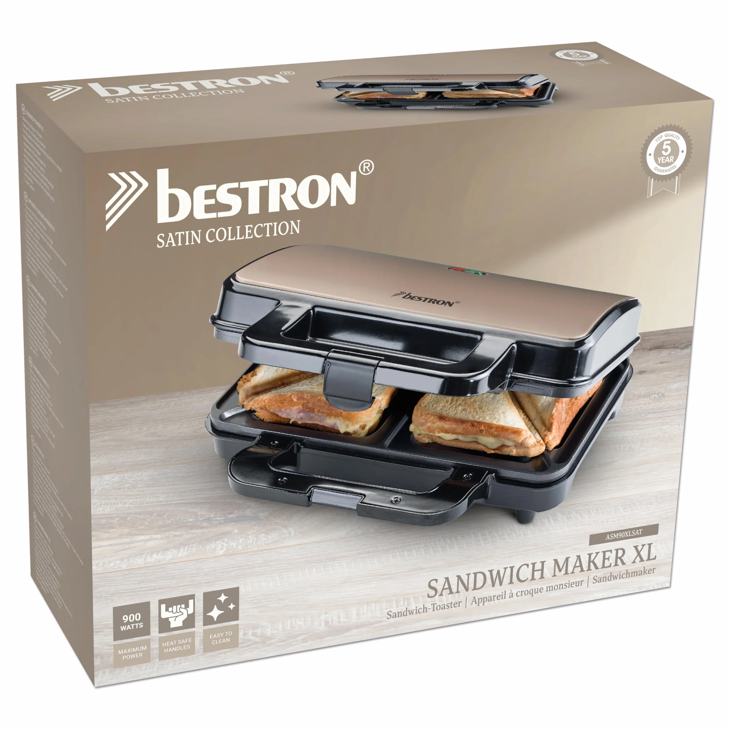 Bestron Sandwichmaker XL 900 W Nieprzywierający Toster 2 Sandwiche Automatyczny Wyłącznik Jasny Beż