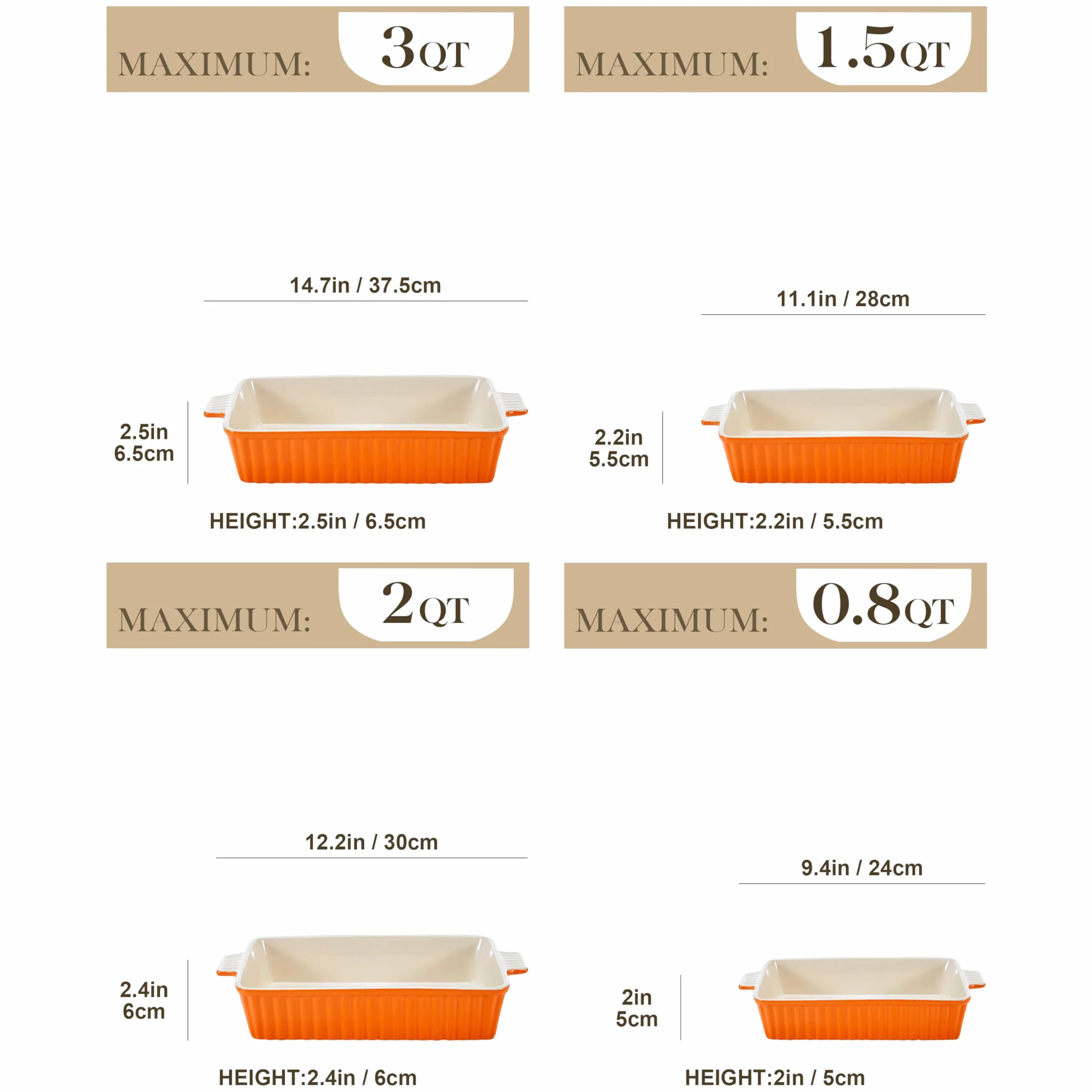MALACASA Zestaw 4 porcelanowych naczyń do pieczenia, do piekarnika, naczynia do zapiekanek, ceramiczne, prostokątne, do pieczenia lasagne, do gotowania, ciasta, kuchni, pomarańczowe (24 cm/28 cm/31 cm