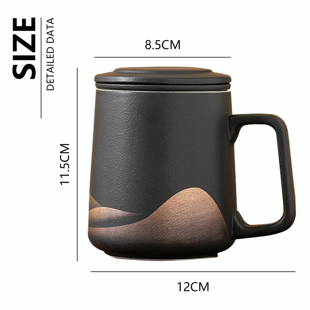 Filiżanka do herbaty z pokrywką i sitkiem, 360 ml, z sitkiem do herbaty i pokrywką, matowa, ceramiczna, prezent dla miłośników herbaty, ręcznie spryskiwana, czarna glazura