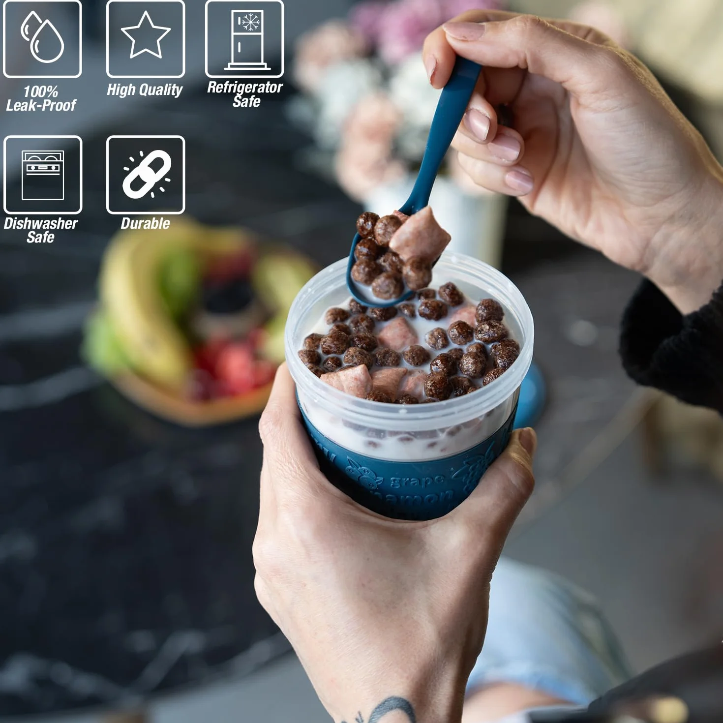 EYNEL 4-pak On The Go Kubki na jogurt i płatki śniadaniowe, pokrywki, łyżka, pojemnik na owoce, wielokrotnego użytku, parfait, dzbanek na mleko, granola
