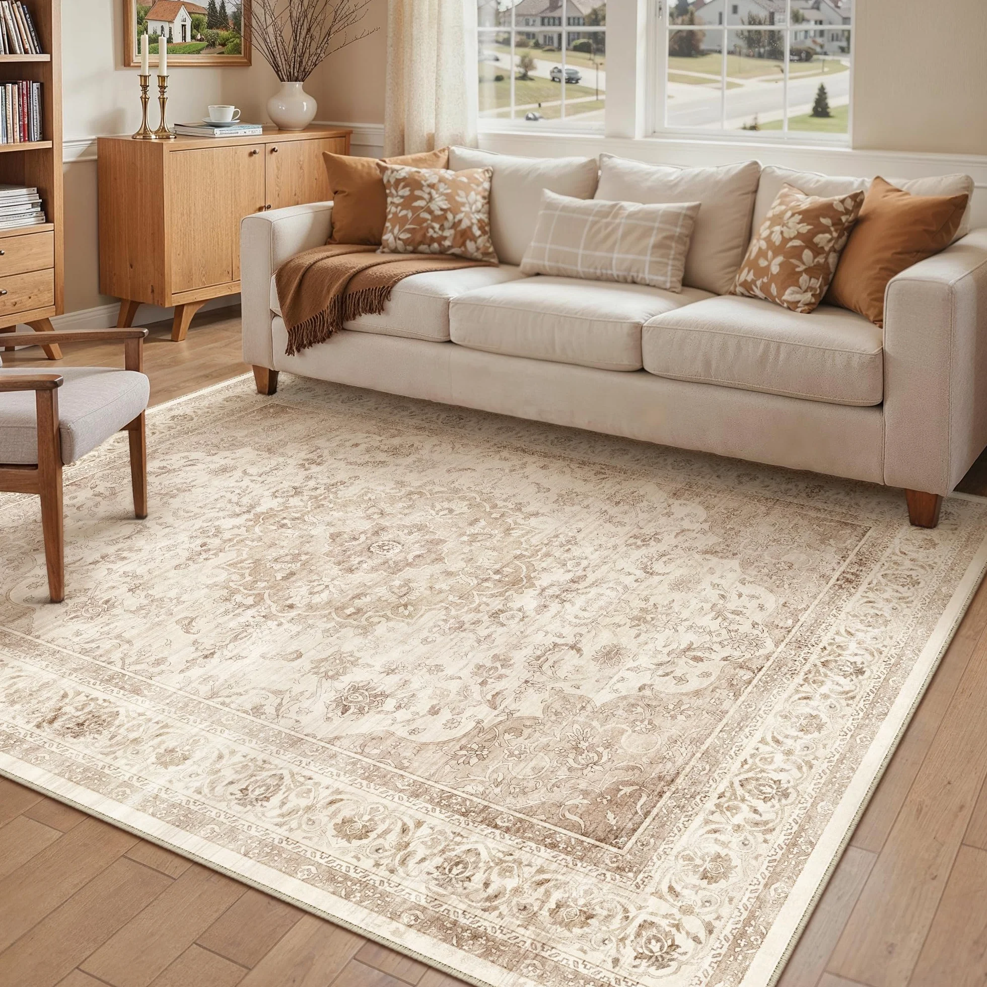 PureCozy Beżowy dywan w stylu vintage, 160 x 230 cm, zmywalny, do sypialni, salonu, miękki dywanik z antypoślizgowym spodem, lekki, niski runo, tradycyjny dywan do jadalni, kuchni, biura, pokoju zabaw