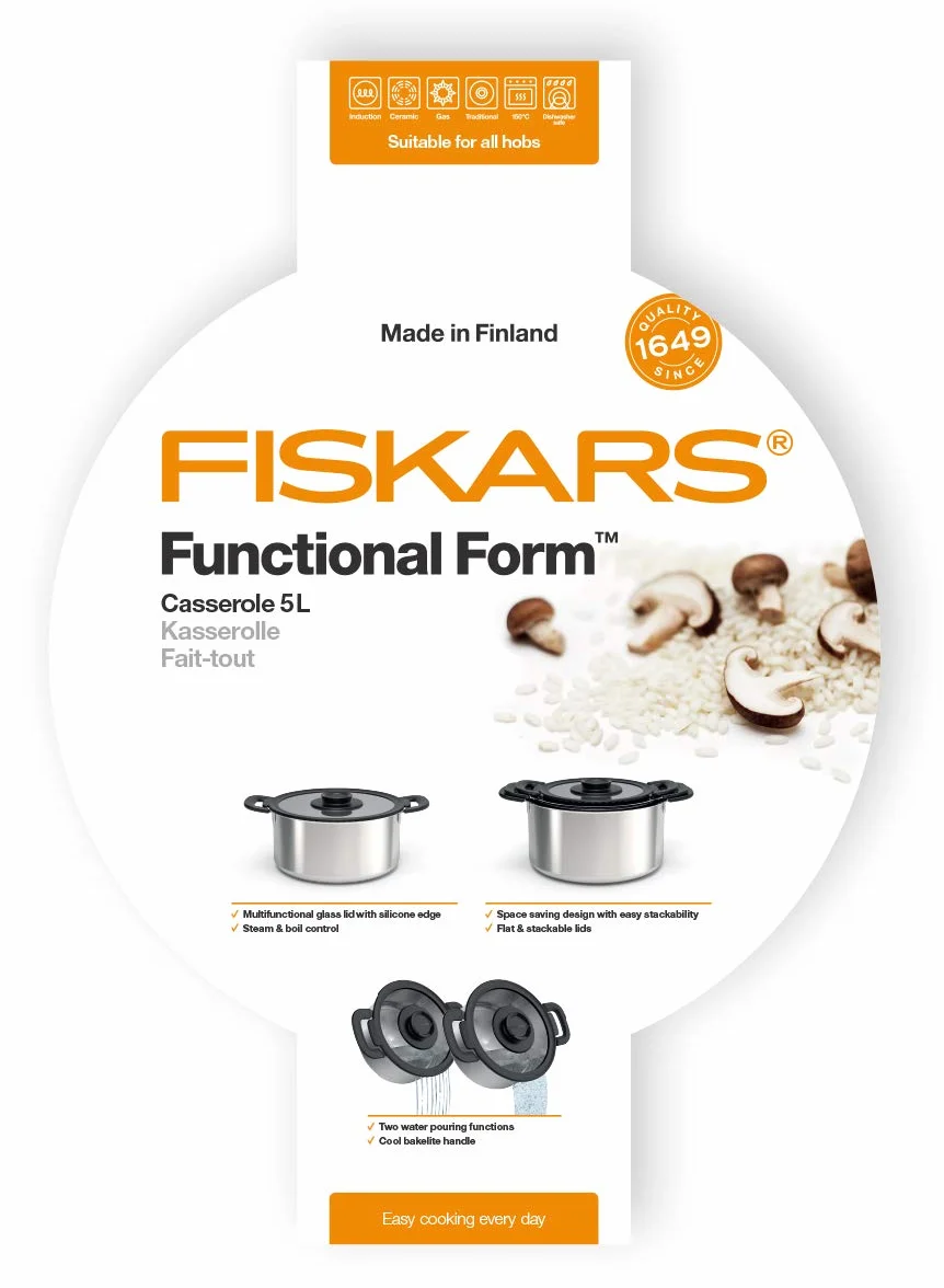 Fiskars Garnek z pokrywką, Pojemność: 5,0 l, Functional Form, Odpowiedni do wszystkich rodzajów płyt kuchennych, Stal nierdzewna/tworzywo sztuczne, 1026578