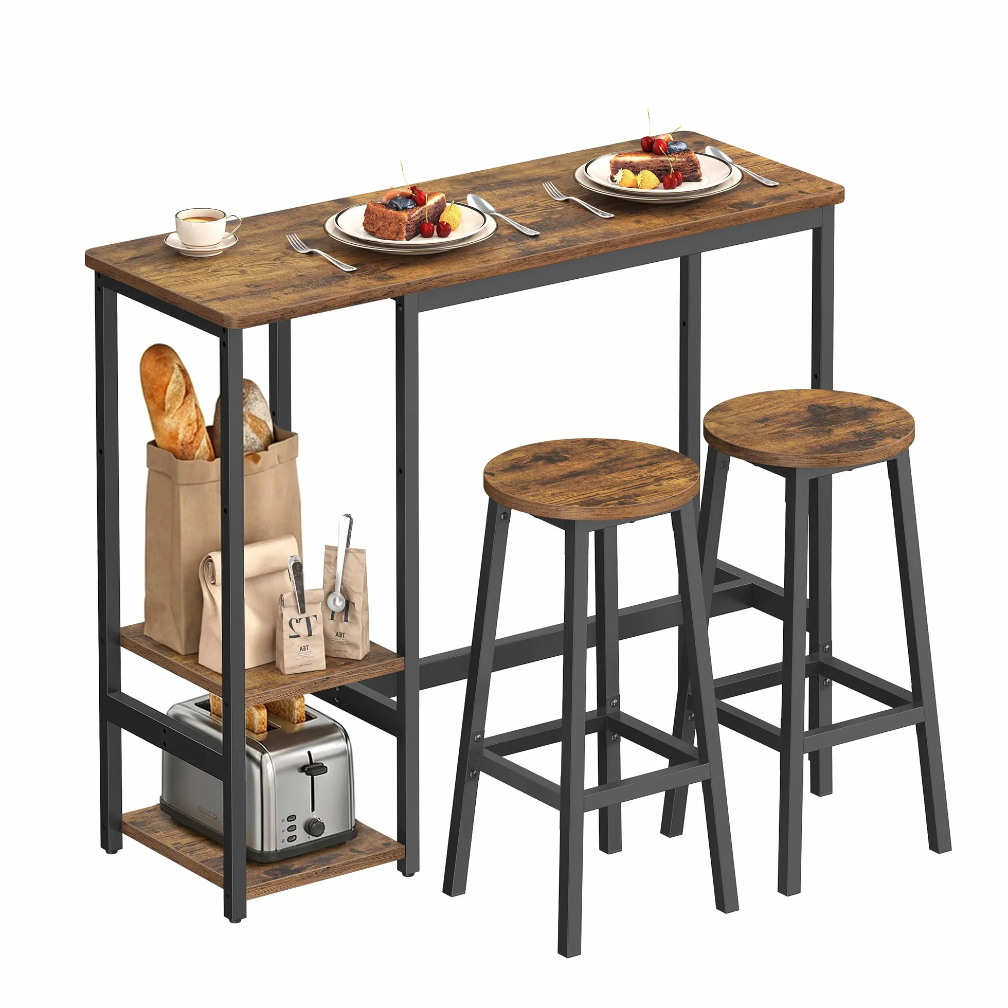 VASAGLE LBT220KD01 stół barowy z 2 stołkami, 3-częściowy zestaw stołów kuchennych z półkami do przechowywania, do salonu, kuchni, stalowa rama, łatwy montaż, rustykalny brąz i czarny atrament