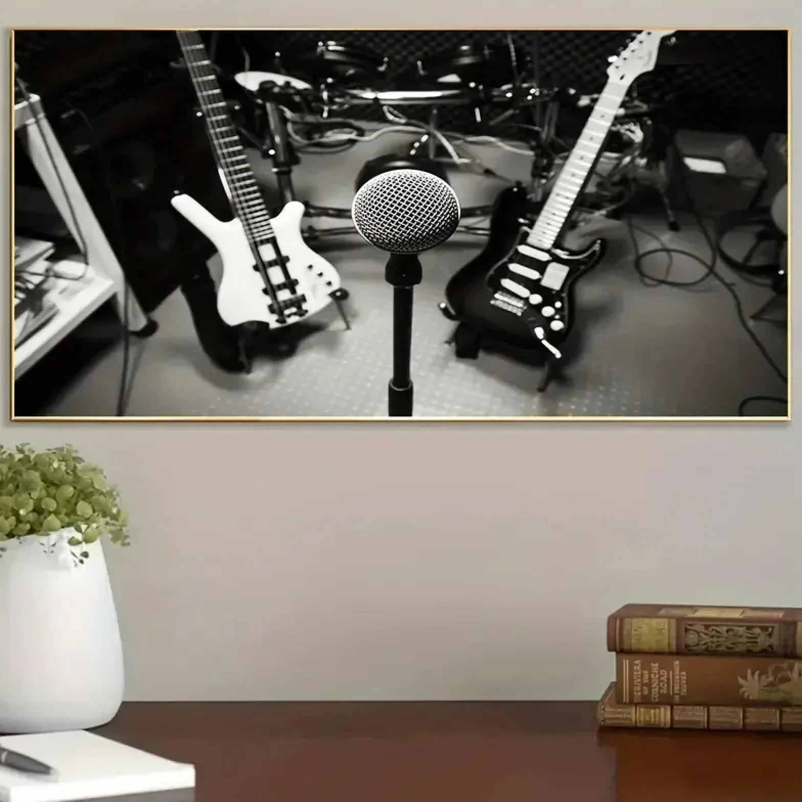 ZHAOLIN Czarno-biały styl plakat z nadrukiem na płótnie, instrumenty muzyczne obraz na gitarze, sztuka ścienna na płótnie, grafika farba ścienna 55 x 110 cm wewnętrzna ramka