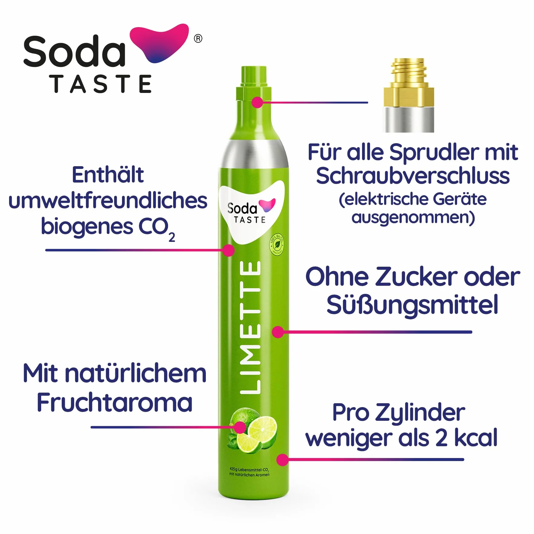 SodaTASTE Wymiana cylindrów CO2, 4 sztuki (uzupełnienie) do saturatora wodnego, o naturalnym aromacie limonki, bez syropu, do 240 l wody gazowanej o smaku, bez cukru (Uwaga: potrzebne 4 puste cylindry