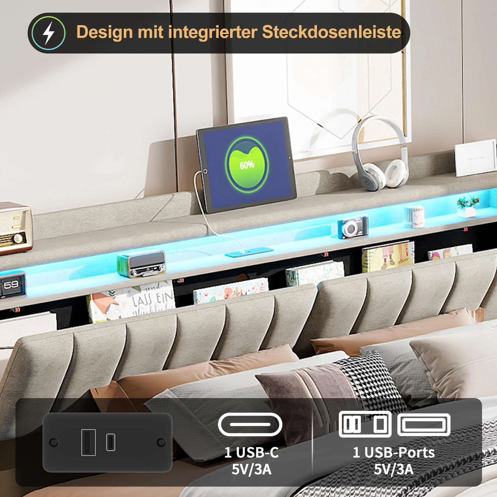 Łóżko 160x200 z pojemnikiem i oświetleniem LED,łóżko podwójne z tapicerowanym zagłówkiem,łóżko podwójne z listwowym stelażem dla dorosłych i nastolatków,hydraulicznie tapicerowana rama łóżka