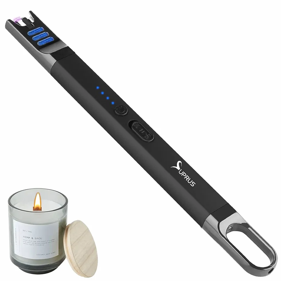 SUPRUS Zapalniczka do świec elektryczna, z łukiem świetlnym, wiatroszczelna, bezpłomieniowa, do ponownego ładowania przez USB z oświetleniem LED, na kemping, grillowanie, gotowanie (czarna)