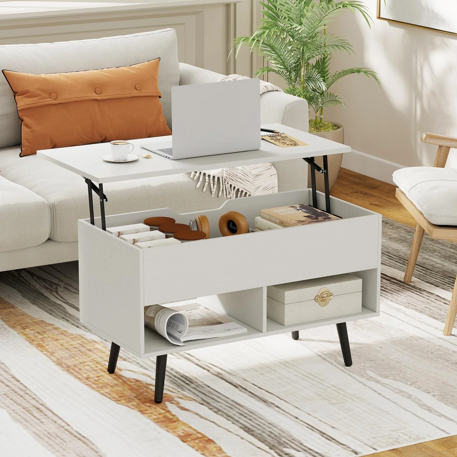 COSTWAY Drewniany stolik kawowy z regulacją wysokości, podnoszonym blatem i 2 otwartymi półkami, wysuwany stół do salonu, biura, 80 x 40 x 44,5-58 cm (biały)