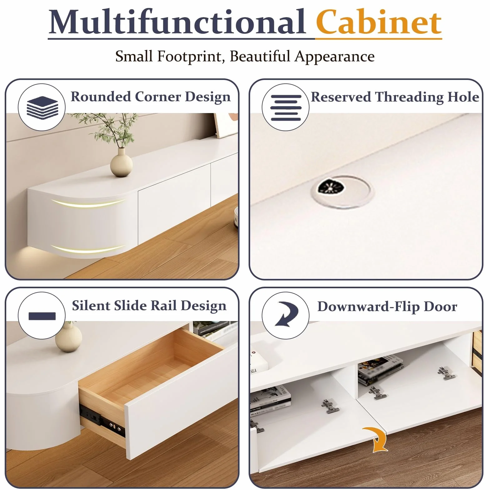 Floating TV Unit Wall Mounted TV Cabinet with 4 Cabinets Wooden Entertainment Media Console Center Large Storage TV Bench White 200cm