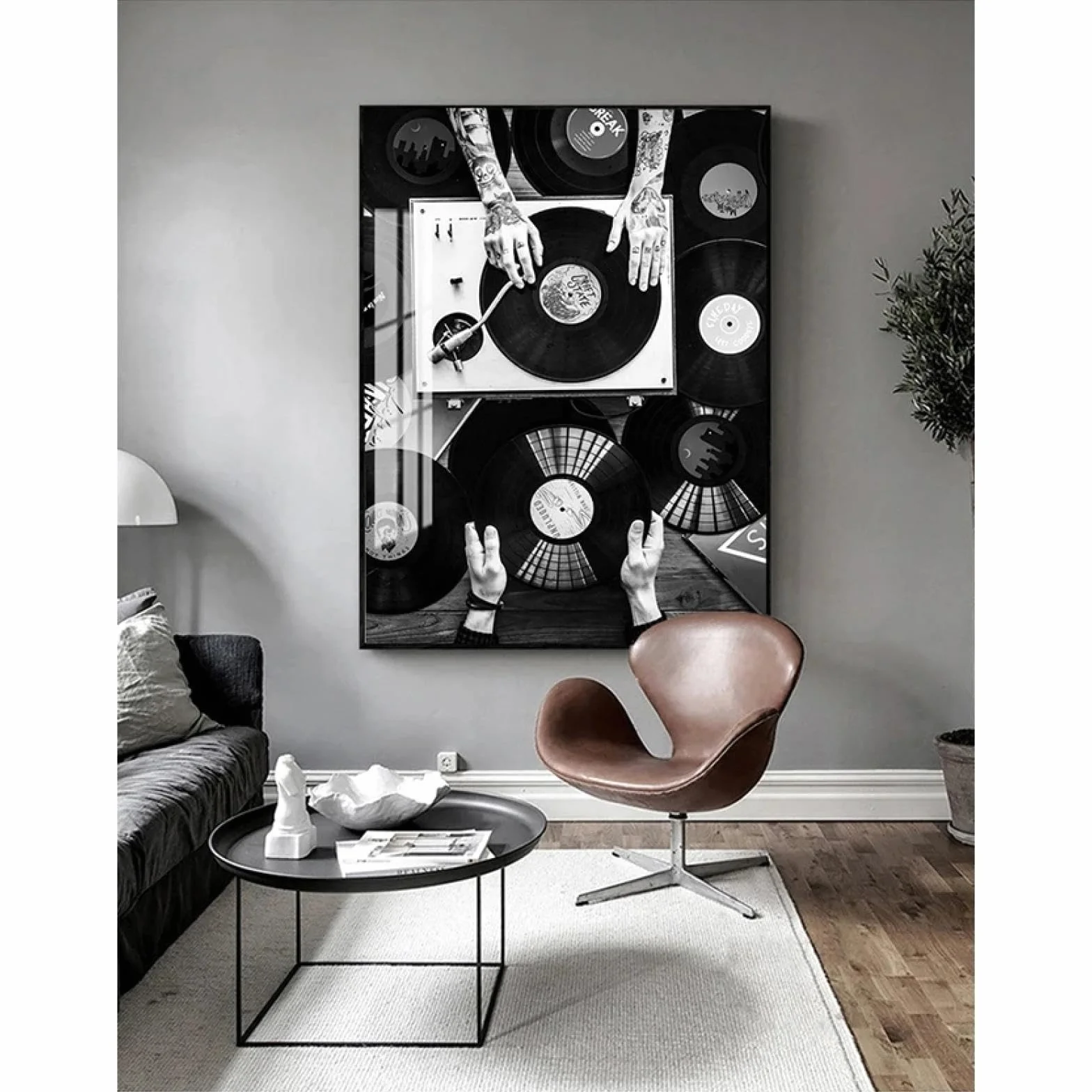 Rumlly Vintage czarno-białe obrazy ścienne do salonu płyta winylowa miłośnicy malarstwa na płótnie druk nordycki plakat 50 x 70 cm czarna rama