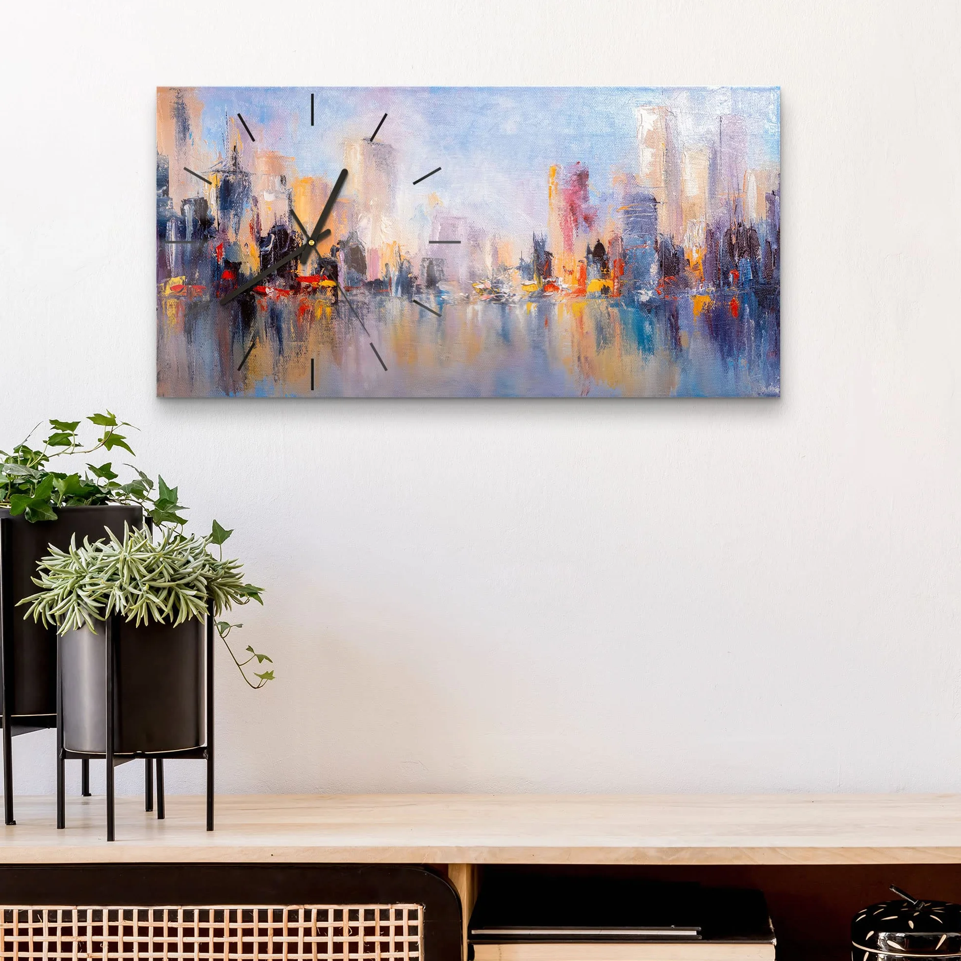 DEQORI Szklany zegar | pionowy 60 x 30 cm | motyw drapaczy chmur na wodzie | duży designerski zegar XXL | cichy zegar ścienny do salonu i kuchni | nowoczesny zegar na ścianę