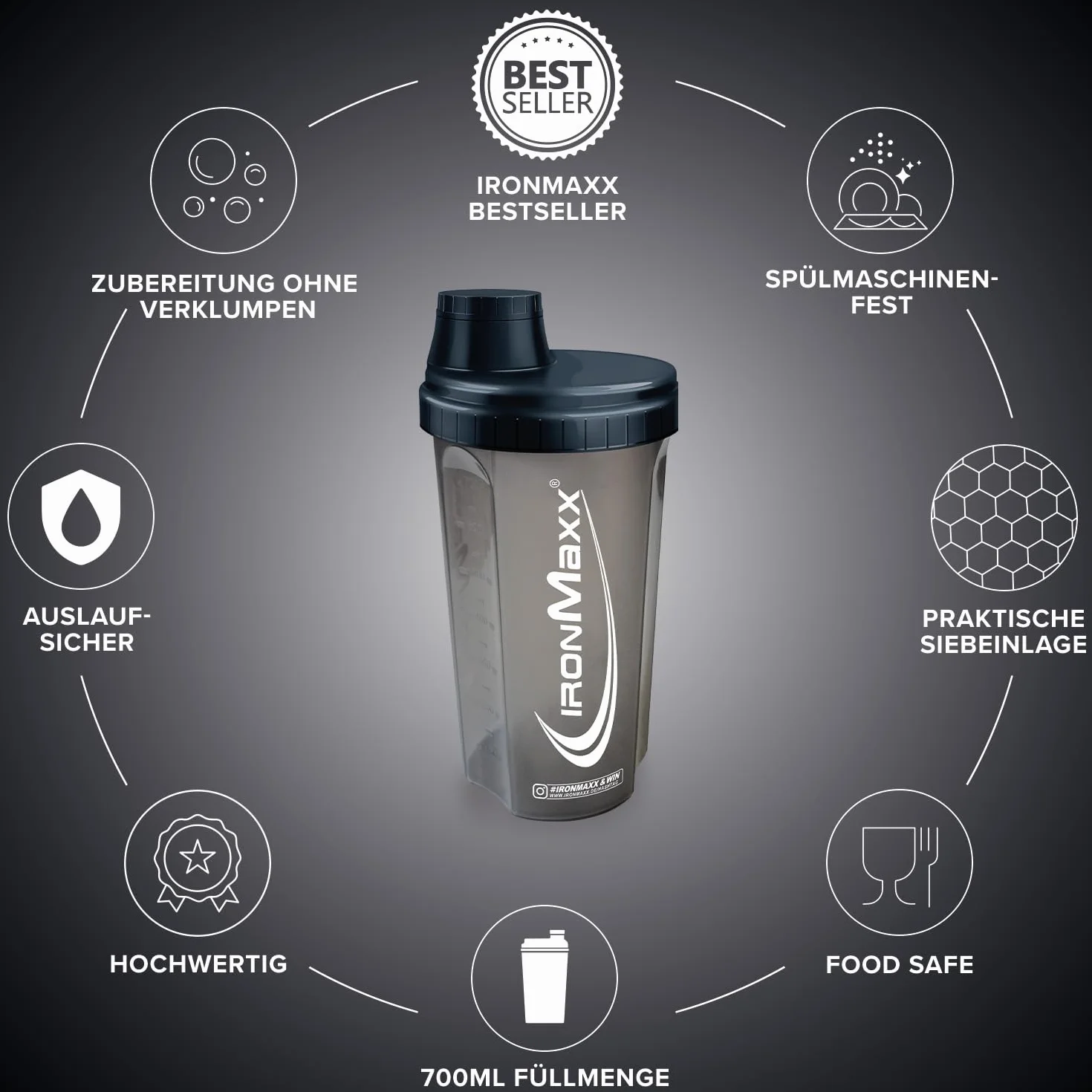 IronMaxx Shaker do białek - Night Black 700 ml | shaker proteinowy z zakrętką, sitkiem i skalą pomiarową | szczelny, nadaje się do mycia w zmywarce, nie zawiera zmiękczaczy BPA i DEHP