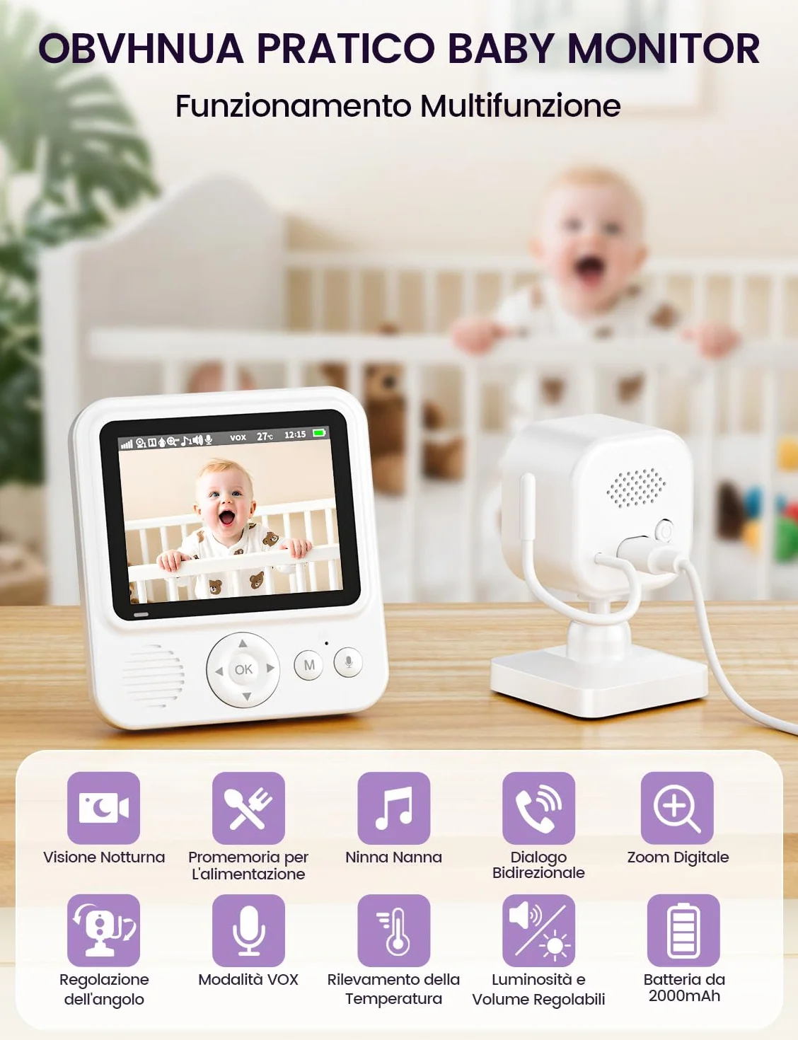 OBVHNUA Babyphone z kamerą 2,8 cala, monitorem dla niemowląt 720P HD, 2000 mAh, monitoringiem wideo, ekranem IPS, USB-C, zoomem 2,4 GHz, noktowizorem, komunikacją VOX