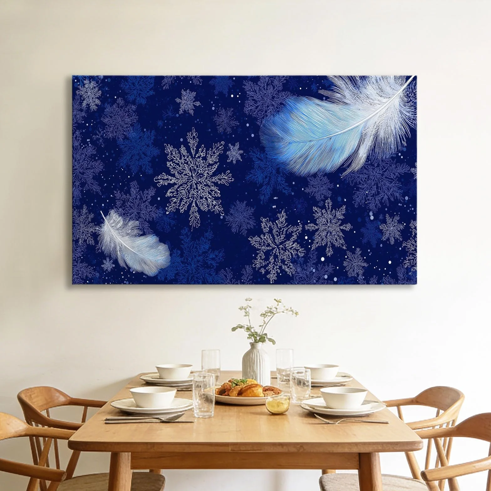 Générique Obraz na płótnie z ramką niebieskie pióra płatki śniegu 90 x 60 cm obraz do dekoracji ścian, obraz ścienny do salonu sypialnia łazienka dom, obraz dekoracyjny
