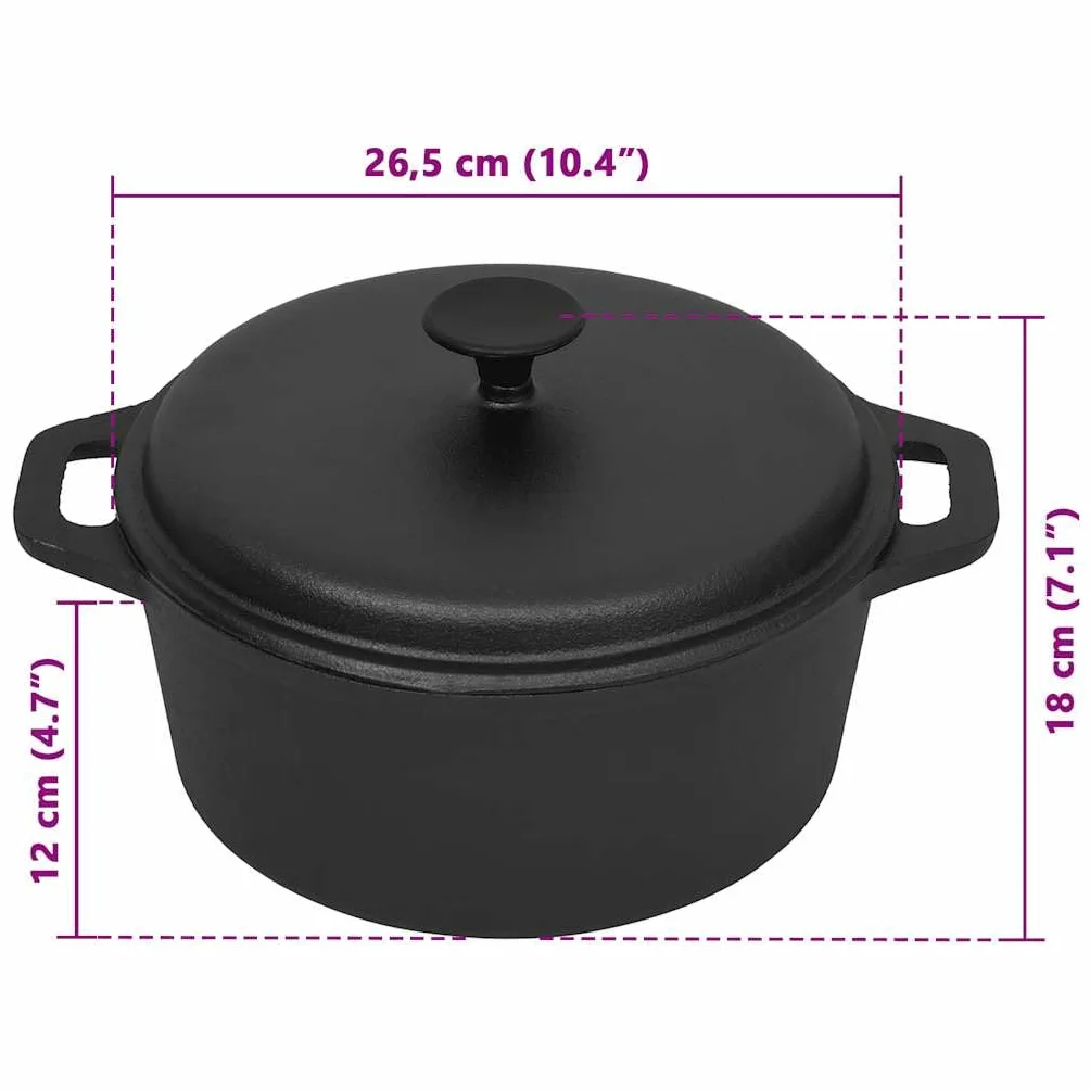 Żeliwny garnek do gotowania Ø 26,5 cm, 5 l, ze szklaną pokrywką, do kuchenek indukcyjnych, elektrycznych, do duszenia mięsa, odporny na działanie piekarnika, czarny