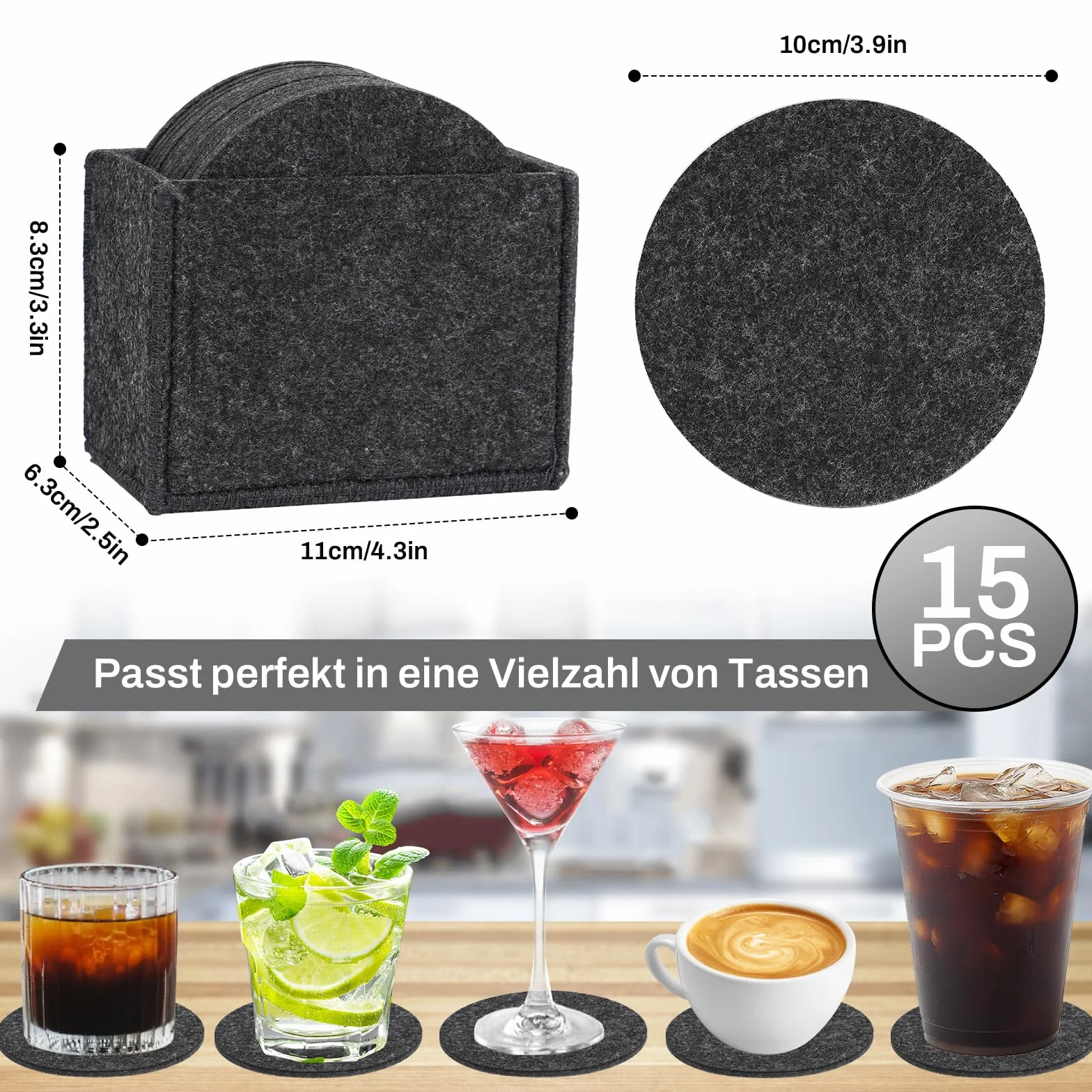 Zestaw 15 okrągłych podstawek filcowych na szklanki, designerskie podkładki pod szklanki w kolorze ciemnoszarym na napoje, bar, filiżanki, szkło - podkładki filcowe
