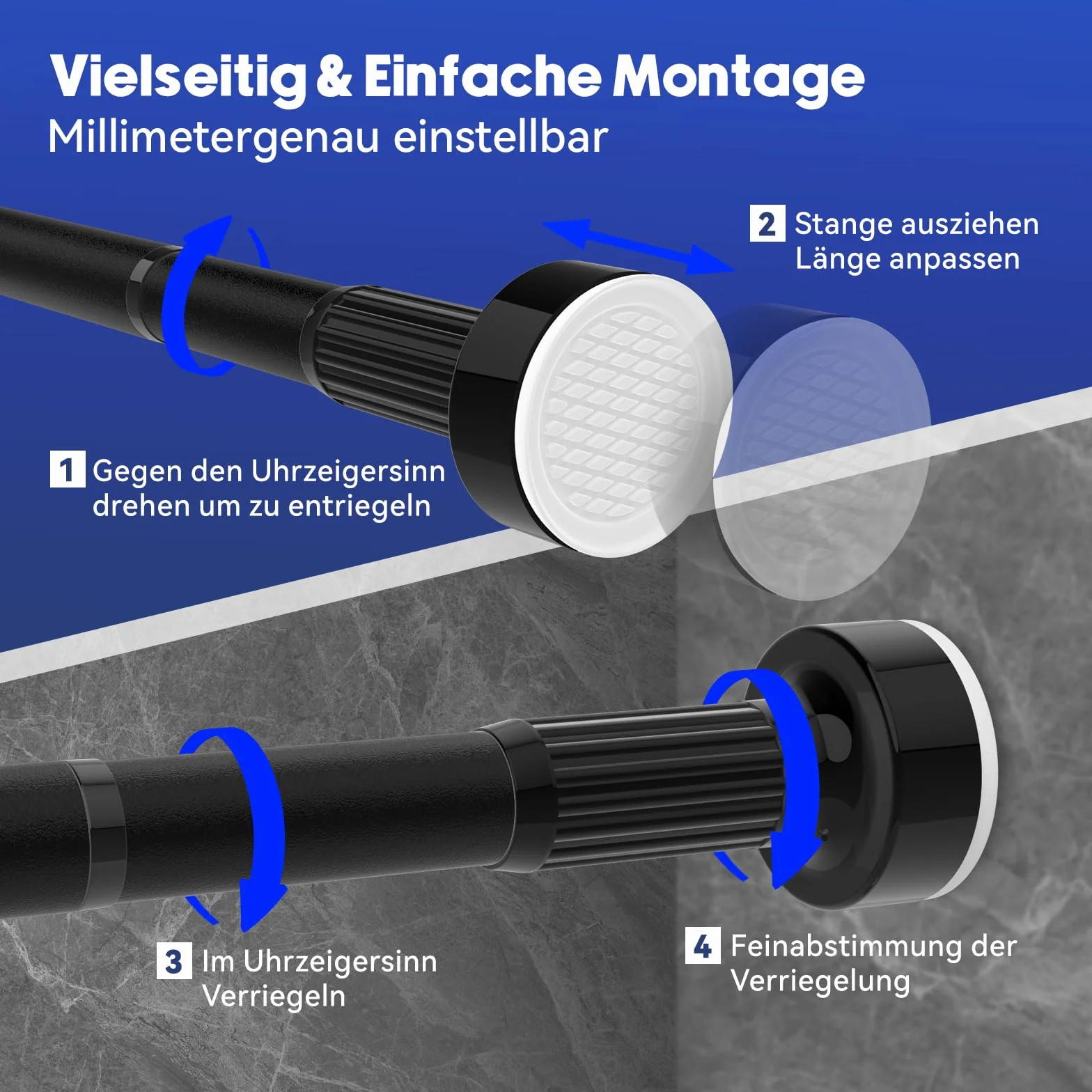 Vista Drążek teleskopowy 210-300 cm, drążek napinający, średnica 32 mm, czarny karnisz bez wiercenia, zacisk, funkcja antypoślizgowego i blokującego do zasłon, okna