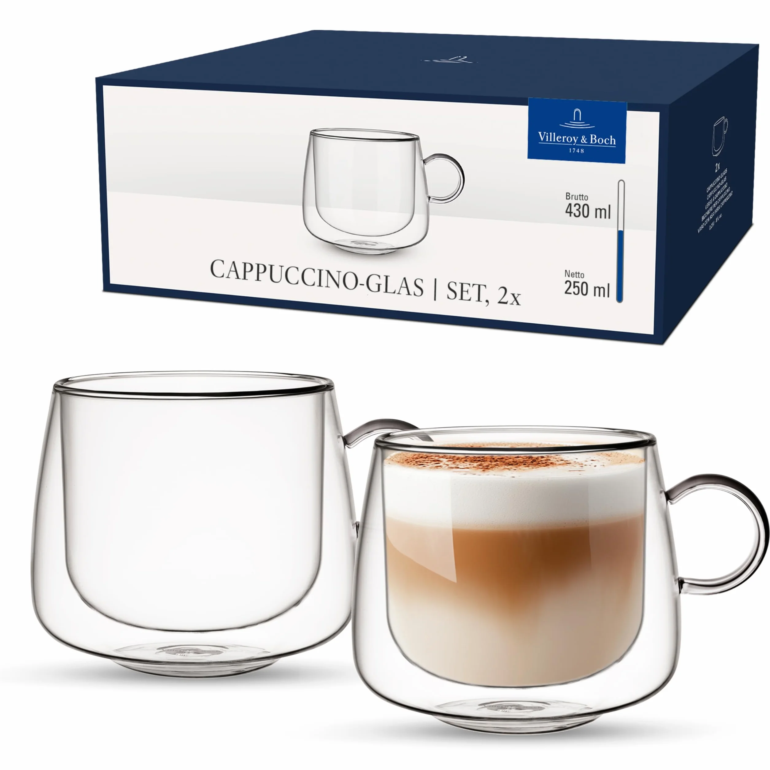 Villeroy & Boch – Artesano Hot&Cold Beverages szklanka do cappuccino, zestaw 2 szklanek, podwójne ścianki do napojów, 250 ml, szkło borokrzemowe, zmywarka, mikrofala