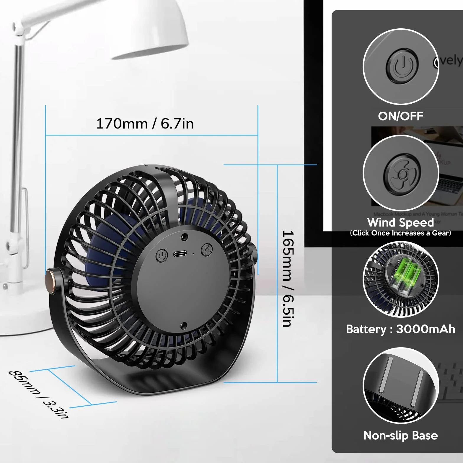KICLBD M93 Mini wentylator z 5 prędkościami, silny przepływ powietrza, chłodzenie, przenośny i bardzo cichy, obracana o 360° głowica, ładowanie USB, do domu, biura, sypialni, biblioteki, czarny