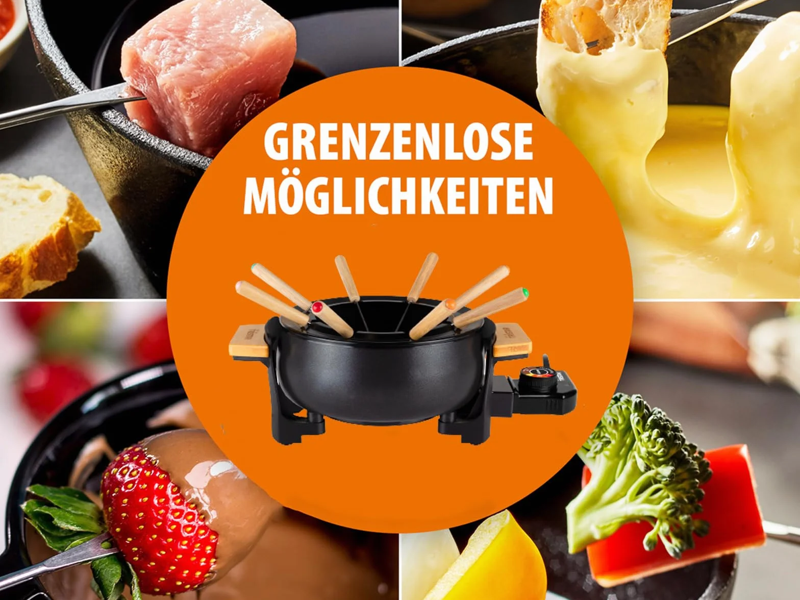 Fondue Tristar FO-1108 - bambusowe wykończenie - obudowa z czarnej matowej stali - do 8 osób - 1000 W