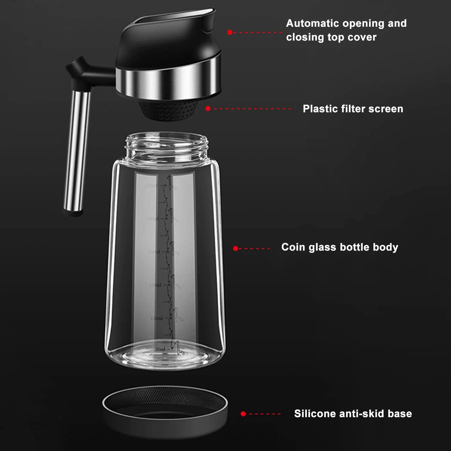 Butelka na olej z automatyczną klapką, 550 ml, szczelny dozownik octu, oleju, wielokrotnego użytku, z pokrywką, na oliwę z oliwek, pusta butelka, ciemna + szczotka do sosów kuchennych