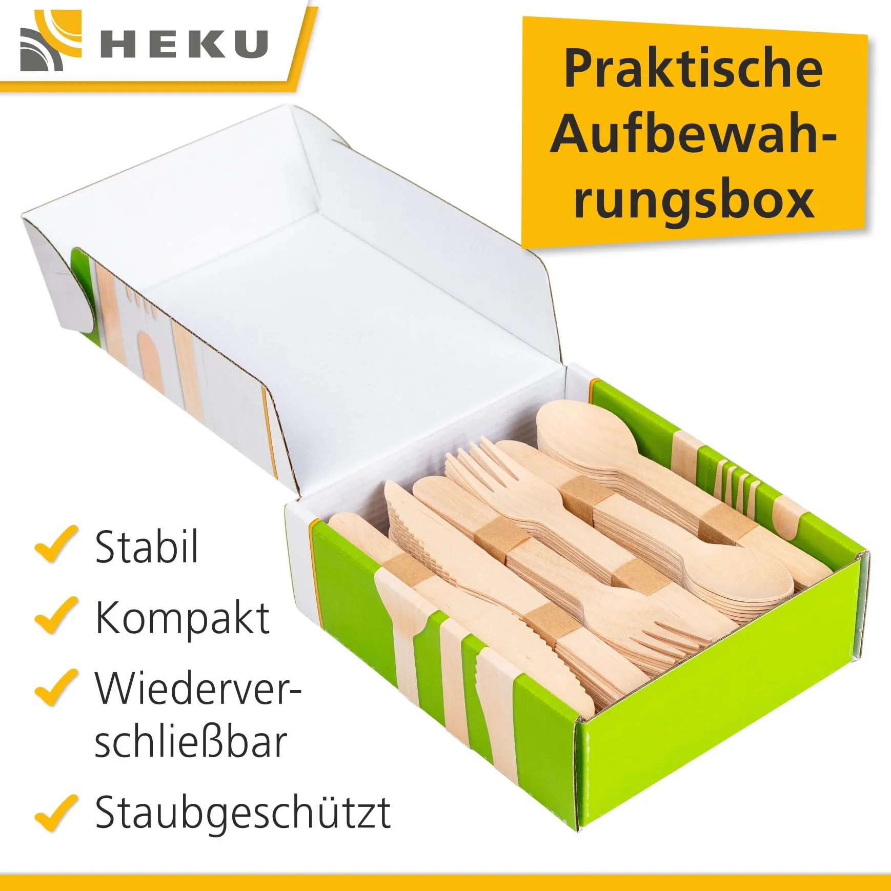 HEKU be green 150-częściowy zestaw sztućców jednorazowych z drewna brzozowego – 50 noży (16,5 cm), 50 widelców, 50 łyżek (15,7 cm), możliwość kompostowania, wyprodukowany z surowców odnawialnych i