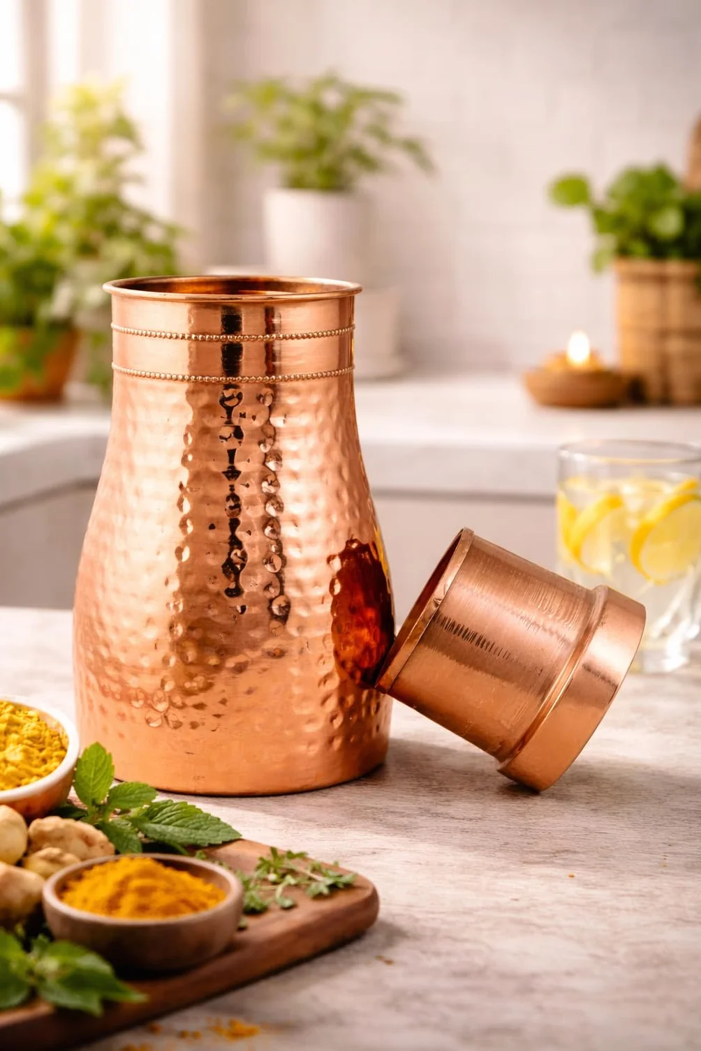 Designerska butelka na wodę z kubkiem i pokrywką, kuta powierzchnia, 950 ml, dzbanek, szklanka do sypialni, karafka na stolik nocny