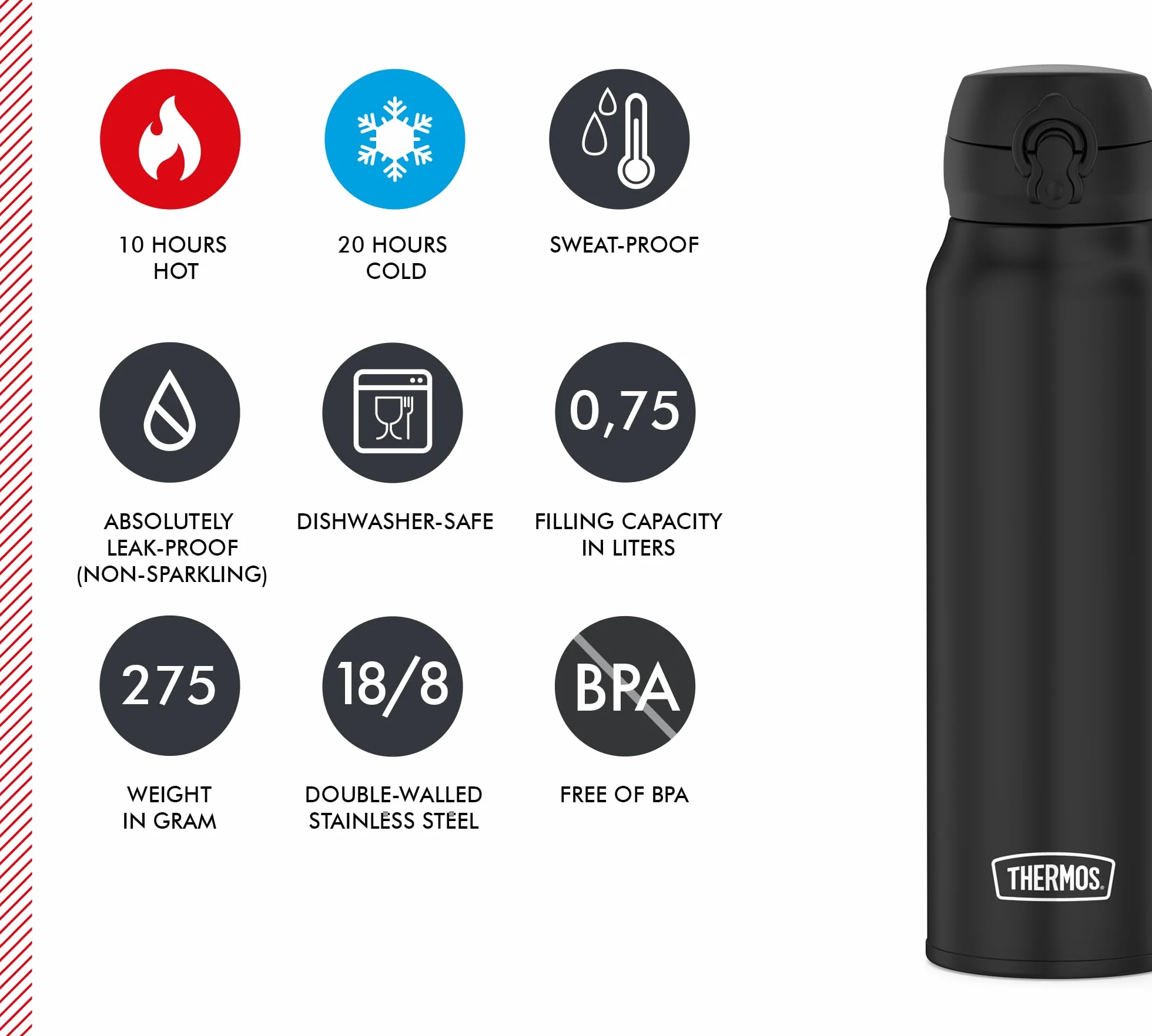 THERMOS ULTRALIGHT BOTTLE 0,75 l, Charcoal Black, termoizolacyjna butelka ze stali nierdzewnej z pokrywką Safe Flow Lid, 10 h gorąca/20 h zimna, nadaje się do mycia w zmywarce, nie zawiera BPA