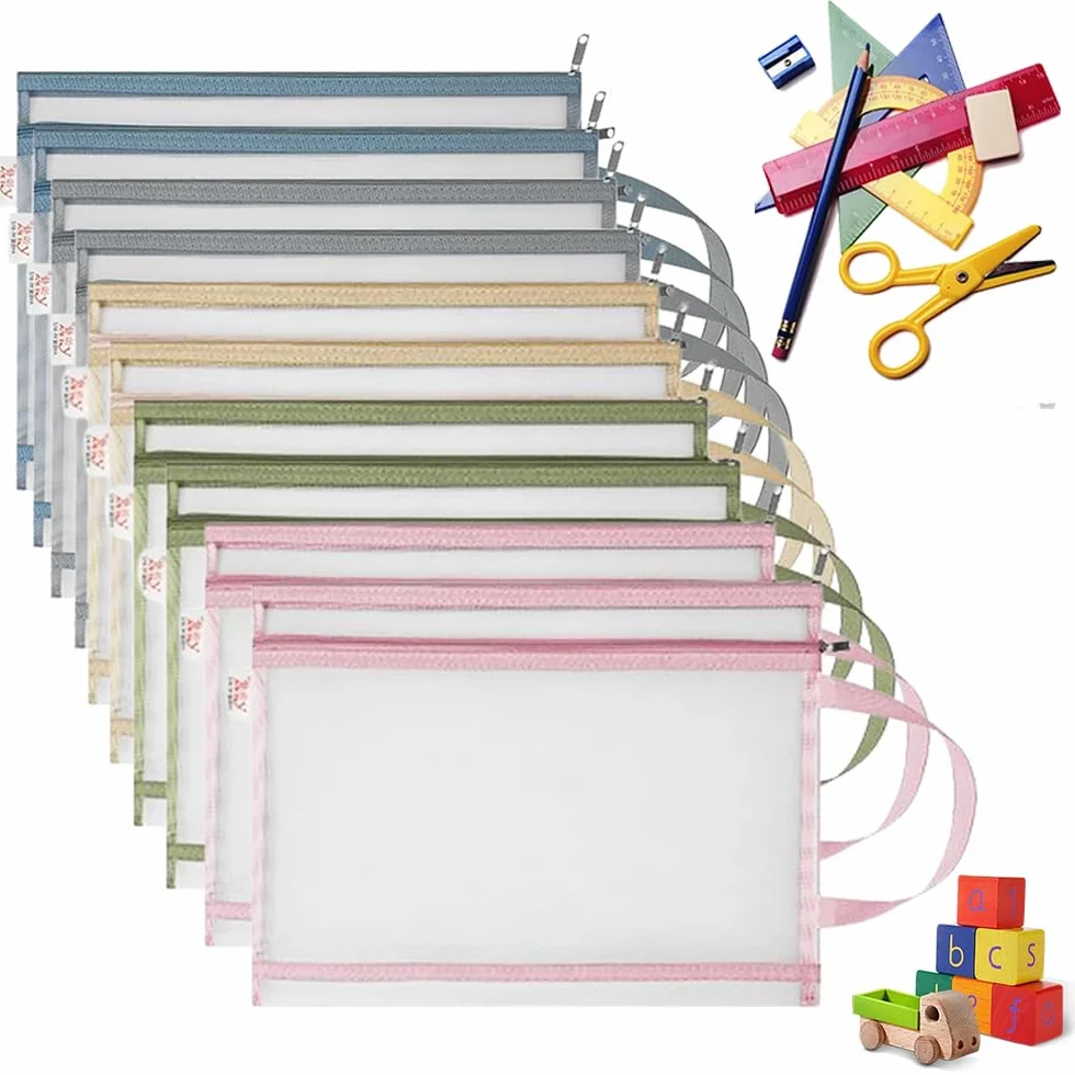 10 sztuk toreb do przechowywania zabawek, siatkowych kieszeni na dokumenty A4, z zamkiem błyskawicznym, podwójna warstwa nylonu i uchwyt, idealne do puzzli Lego, zabawek do kąpieli i klocków