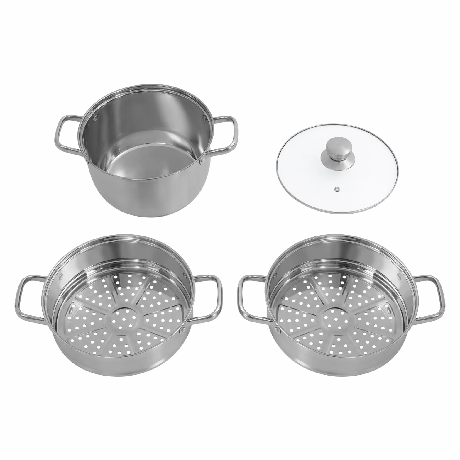 3-poziomowy parowar, zestaw ze stali nierdzewnej z dwoma wkładami parowymi, 1,2 l, 20 cm, nadaje się do mycia w zmywarce, garnek do gotowania na zupie, garnek do gotowania ze szklaną pokrywą, parowar,