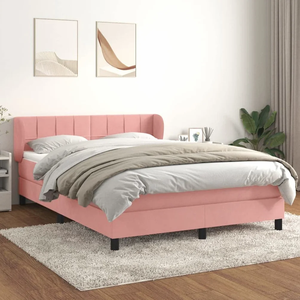 Aksamitne regulowanym zagłówkiem Kontynentalne Różowe 140x190 cm | Łóżko kontynentalne z materacem sprężynowym różowy aksamit 140x190 cm z regulowanym zagłówkiem