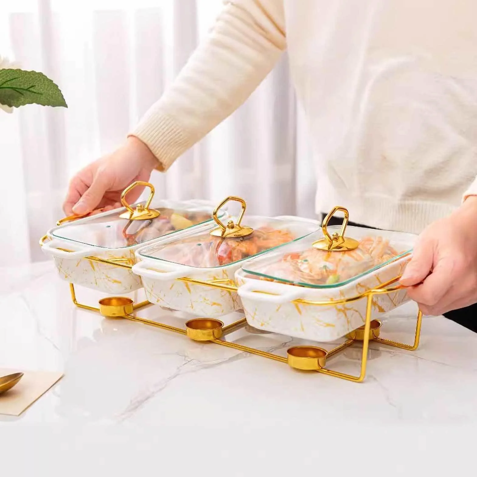 Zestaw serwerów bufetowych – 3 x 0,9 l l naczynia ze szklanymi pokrywkami – eleganckie podgrzewacze do żywności do cateringu, na wesela i imprezy