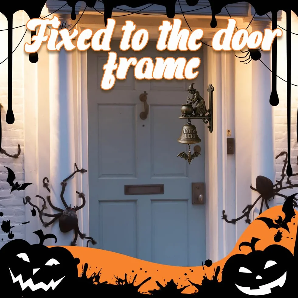 Mineup Dzwonek na Halloween, żeliwny dzwonek wiedźmy, dekoracyjny dzwonek na zewnątrz akcesoria na imprezę halloweenową