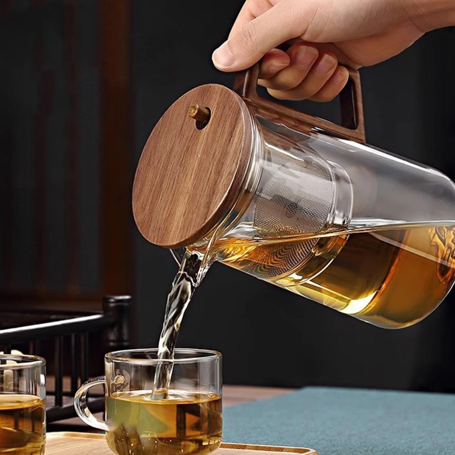 Szklany czajniczek z uchwytem, 500 ml / 750 ml, szklany czajnik do herbaty z sitkiem, ergonomiczny, przezroczysty, z drewnianym uchwytem, zmywarka, magiczny czajniczek do herbaty sypkiej