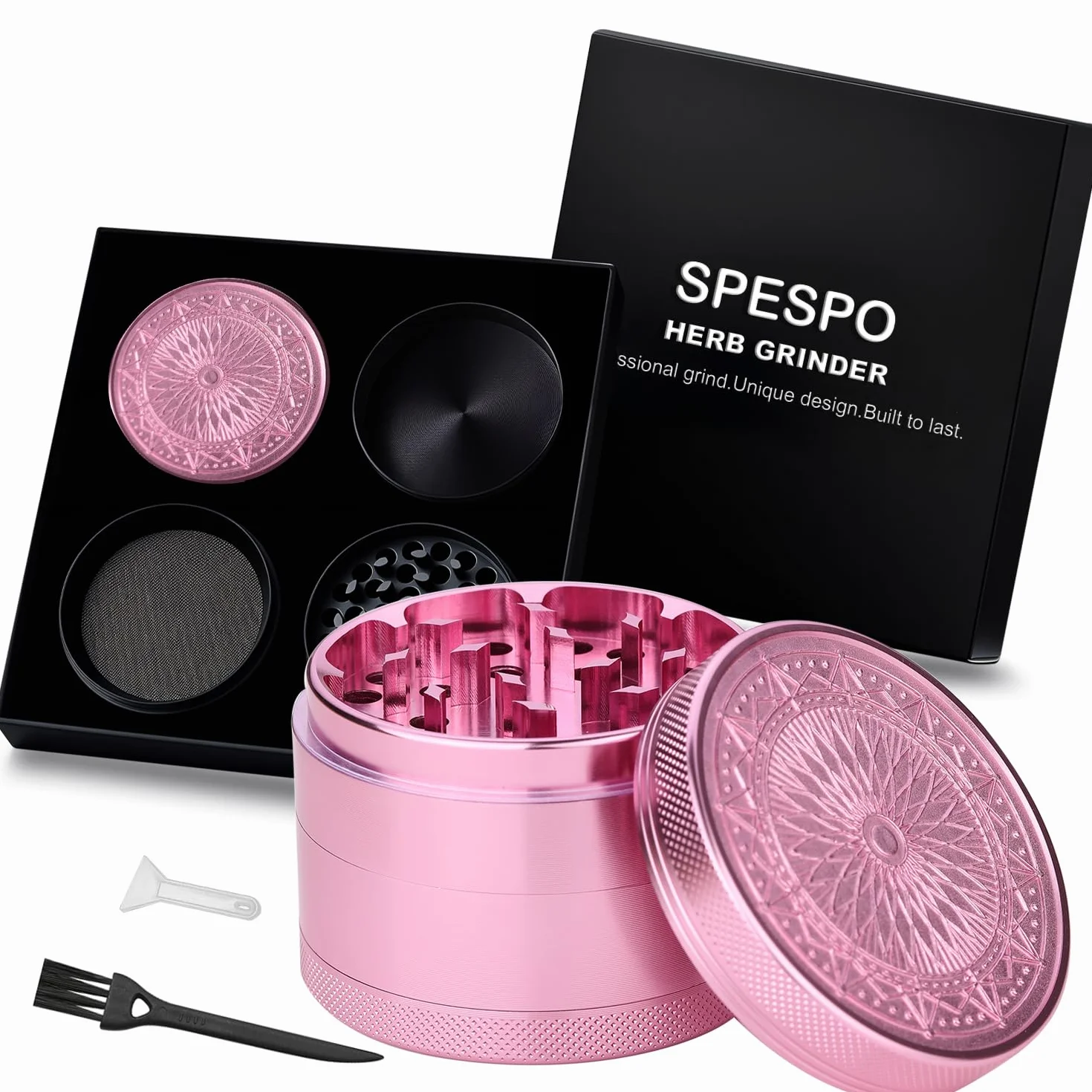 Herb Grinder, aluminiowy młynek premium 2,5 cala (63mm) z wytłoczonym kwiatem, 4-częściowy, duży młynek ze skrobakiem do pyłków (różowy)