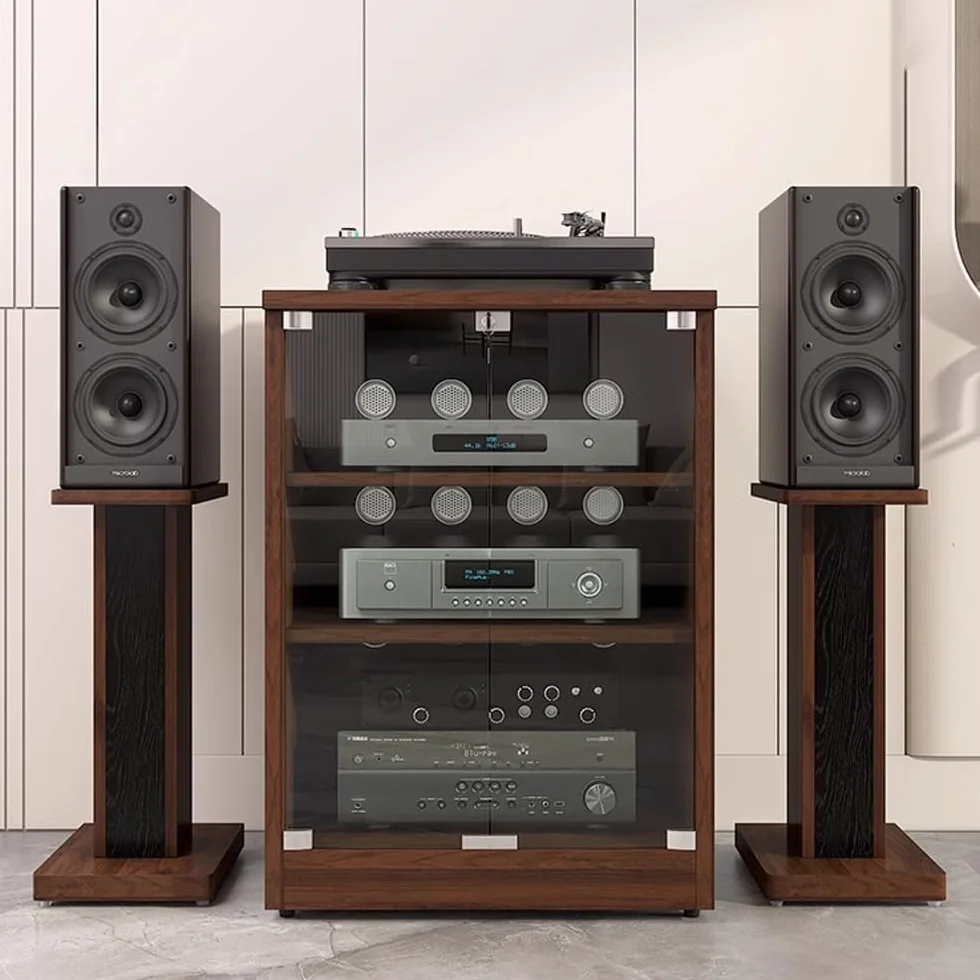 Drewniany stojak na nośniki audio-wideo, szafka na komponenty stereo z drzwiami ze szkła hartowanego, stojak na nośniki AV na konsolę gramofonową, narożna szafka multimedialna