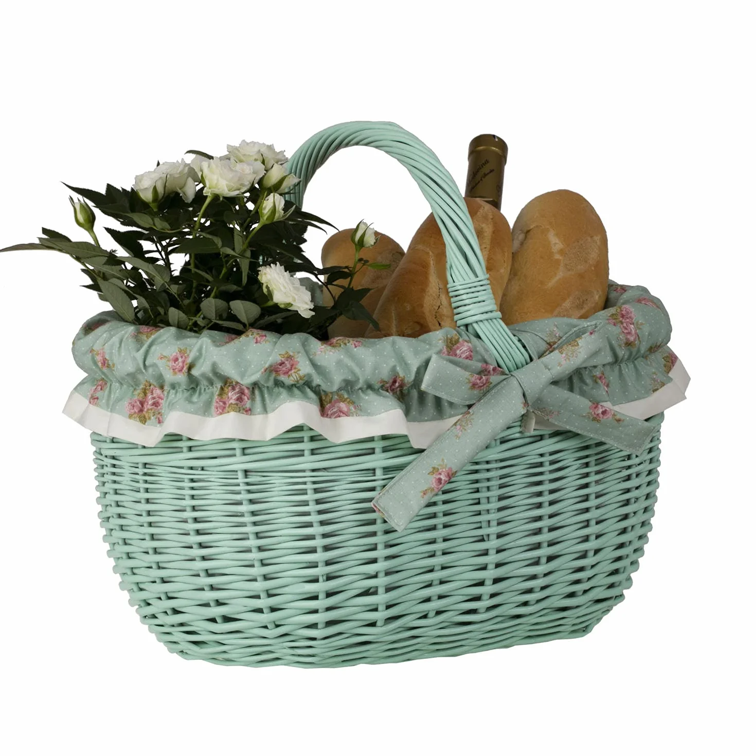 e-wicker24 Koszyk na zakupy z wikliny, styl vintage, kosz wiklinowy owalny miętowy