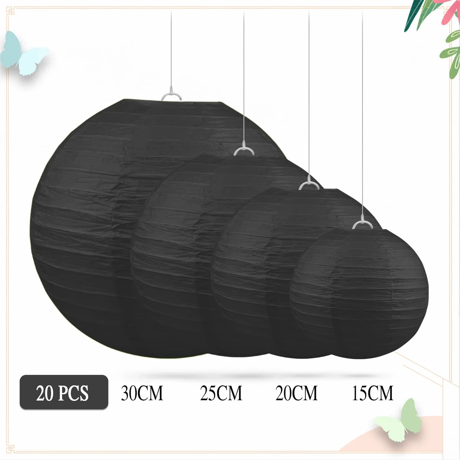 Jangostor 20 sztuk czarnych papierowych lampionów – okrągłe latarnie wiszące, 15 cm, 20 cm, 25 cm, 30 cm, różne rozmiary, na wesele, urodziny, uroczystości, do ogrodu