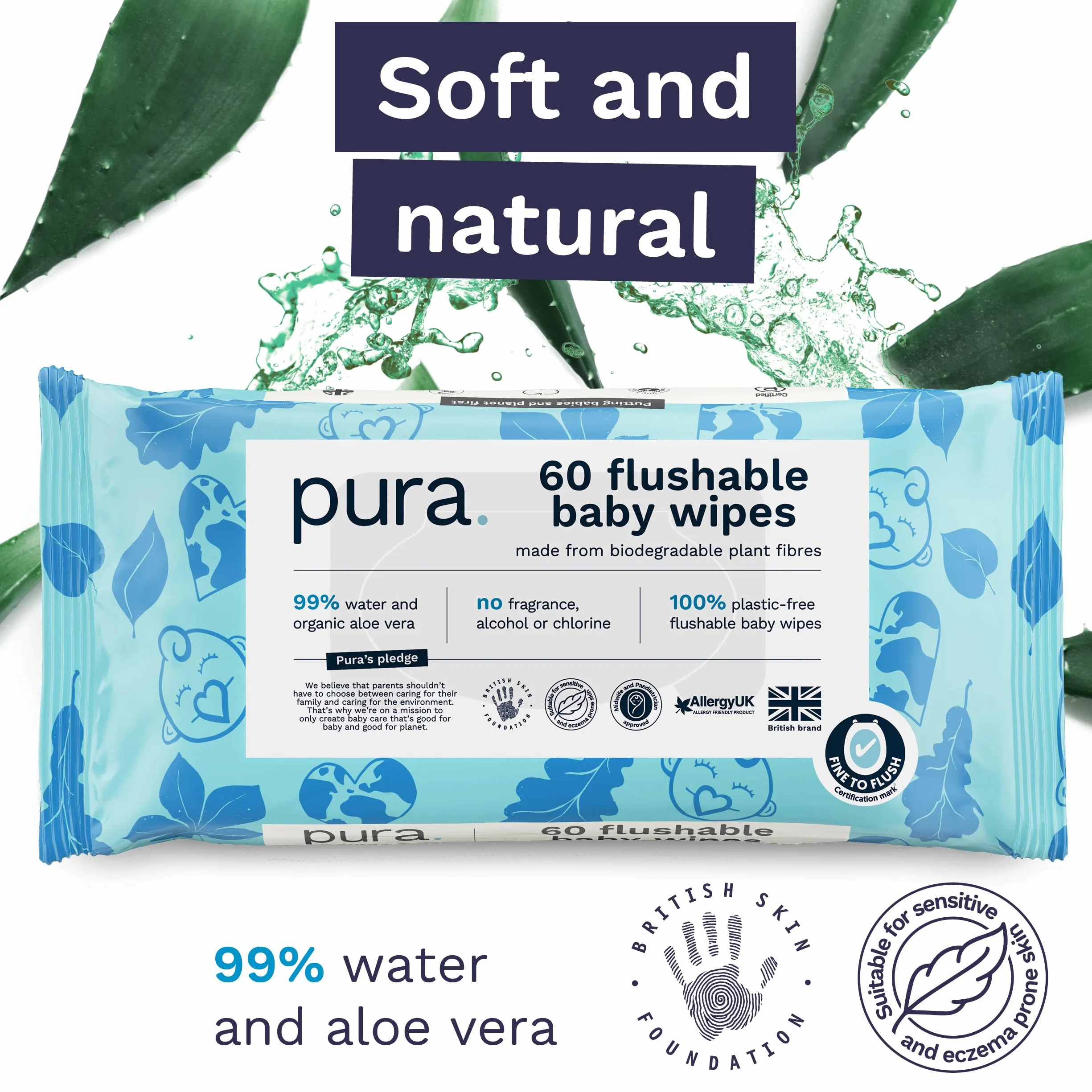 Pura Chusteczki do czyszczenia na mokro, 70 chusteczek (1 opakowanie), 99% wody, w 100% bez plastiku, odpowiednie dla wrażliwej i pozbawionej zapachu skóry, aloes, niemowląt, biodegradowalne,